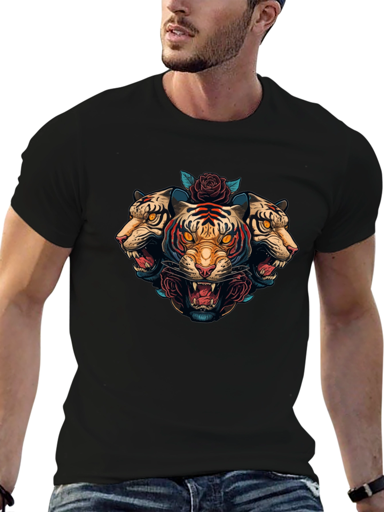Three Headed Tiger Rose Graphic T-Shirt