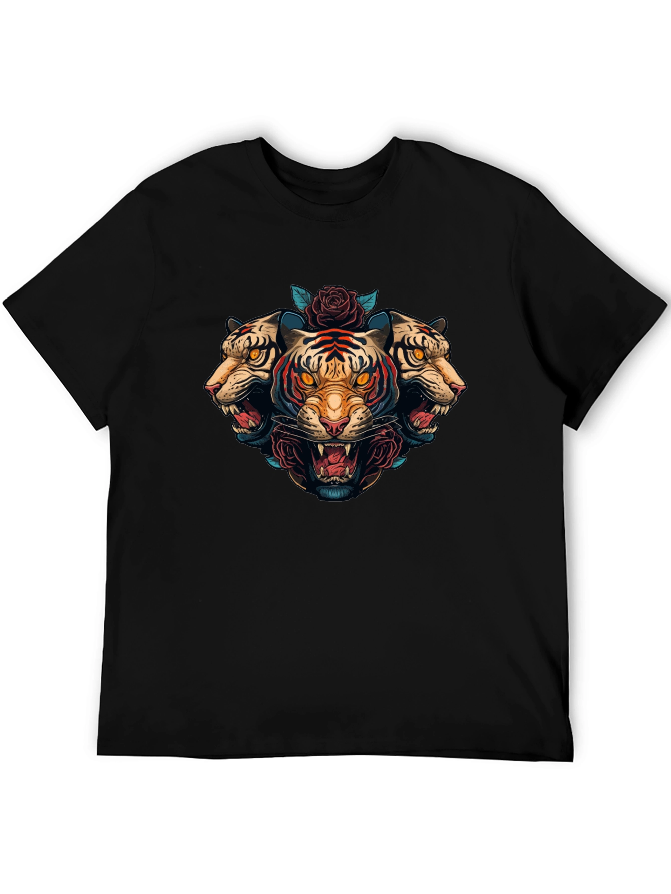 Three Headed Tiger Rose Graphic T-Shirt