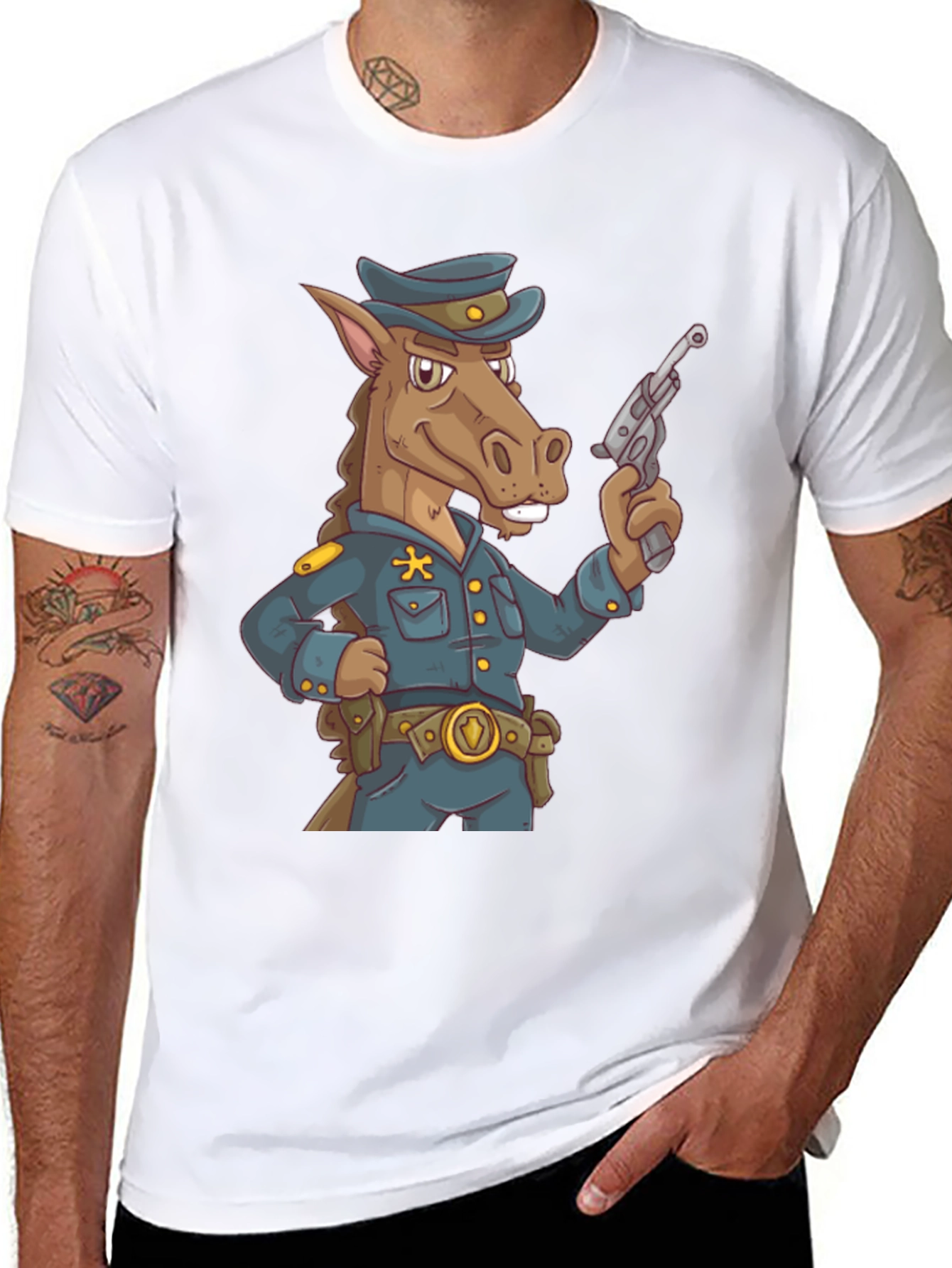 Novelty Horse Cop T-Shirt - Cartoon Police Animal