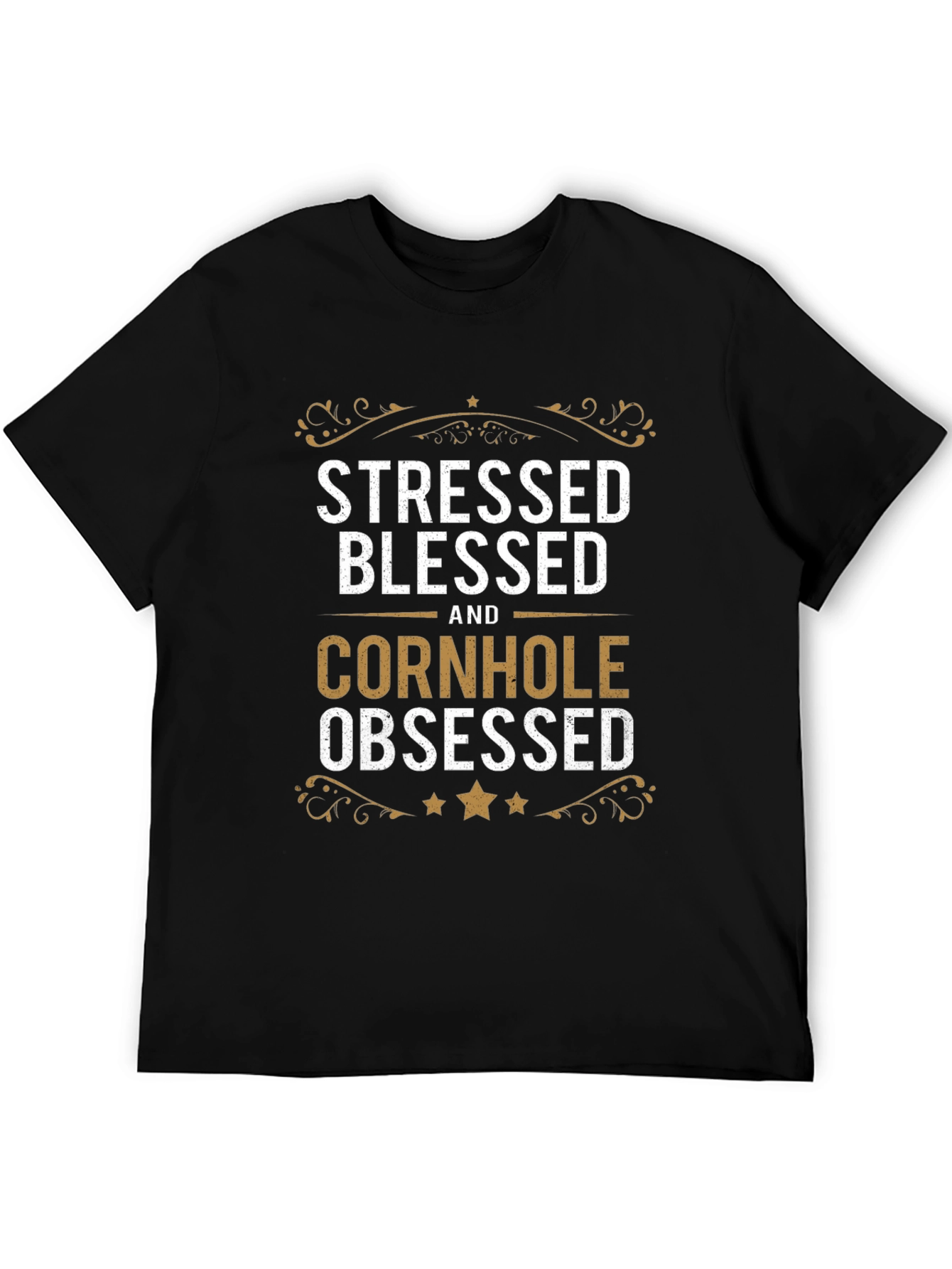 Stressed Blessed Cornhole Obsessed Black T-Shirt