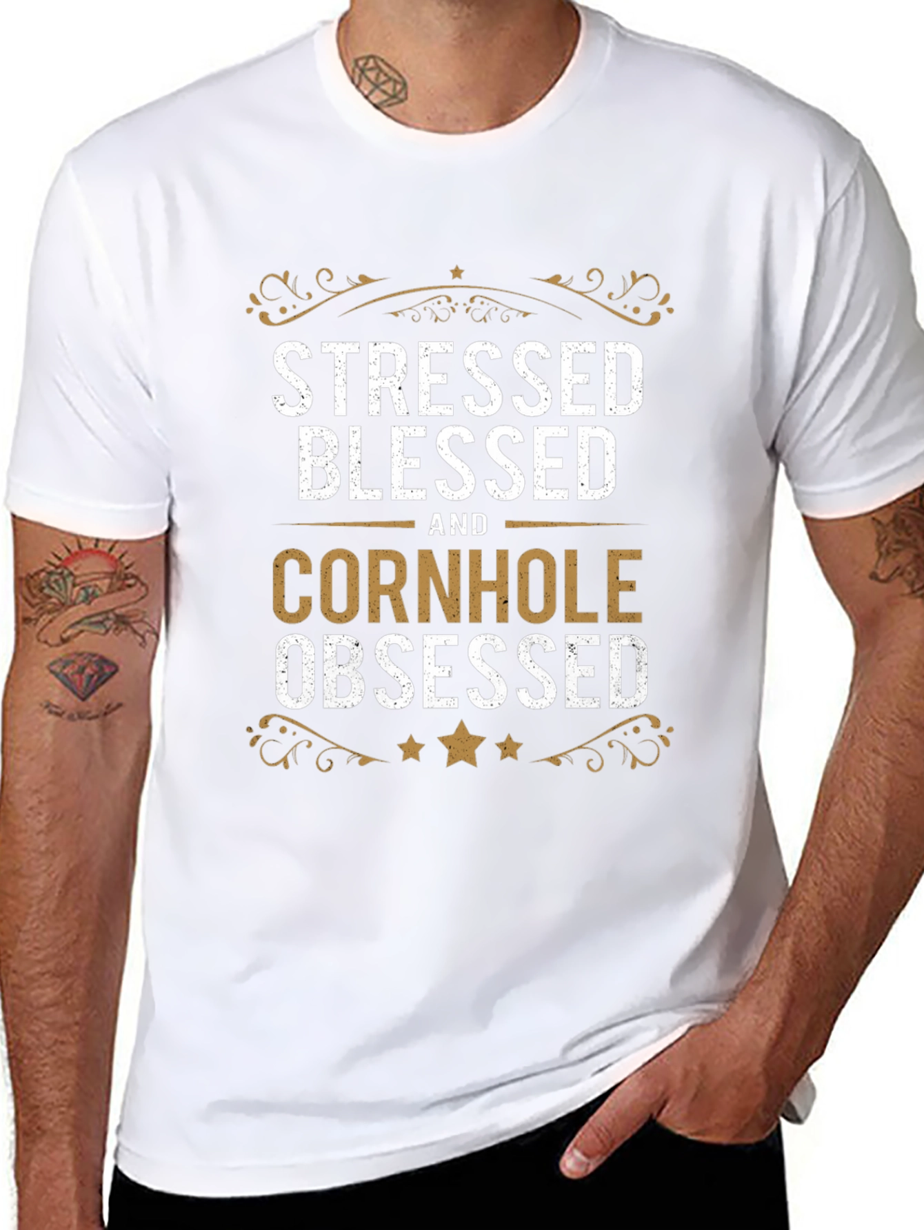 Stressed Blessed Cornhole Obsessed Black T-Shirt