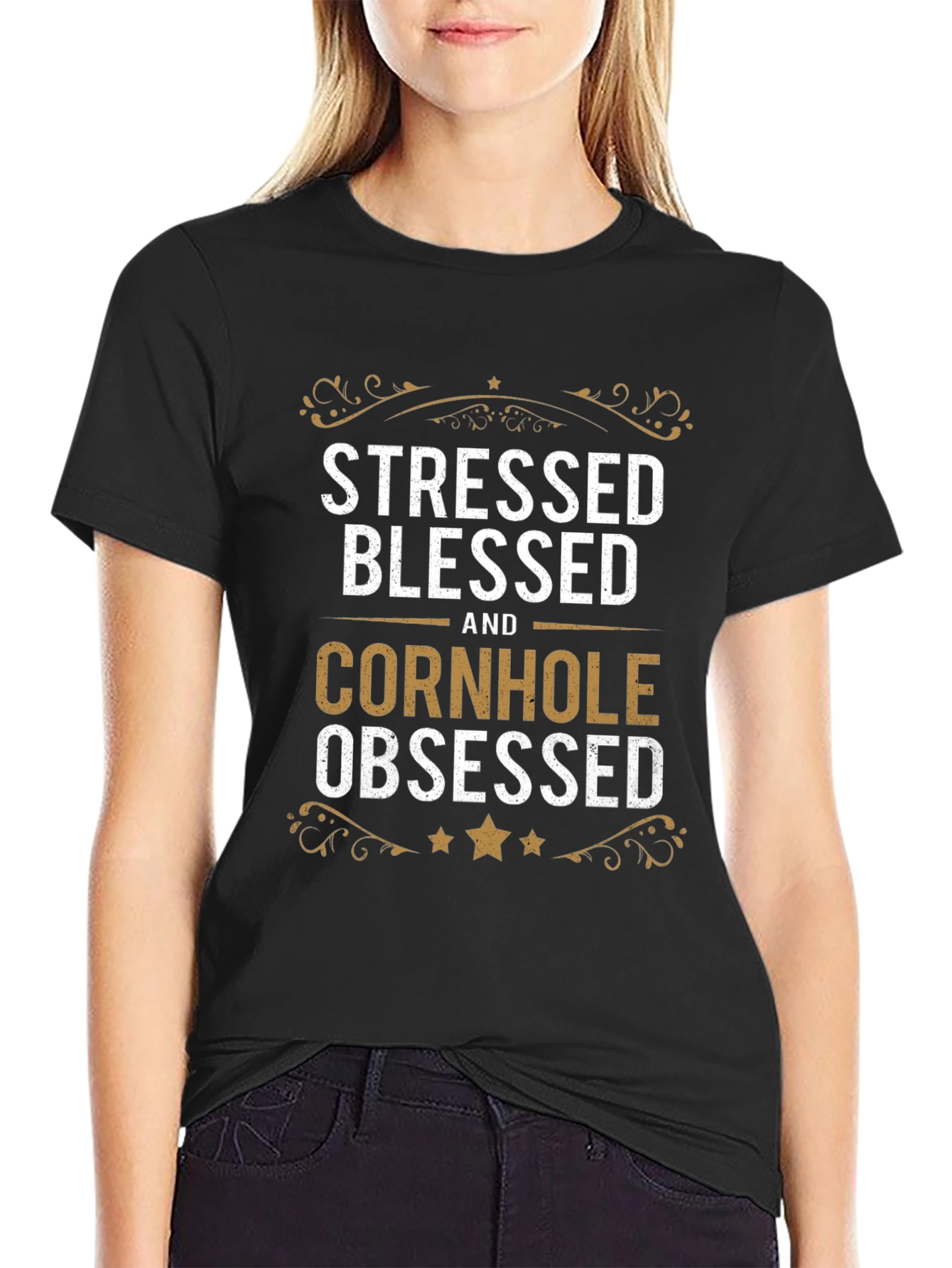 Stressed Blessed Cornhole Obsessed Black T-Shirt