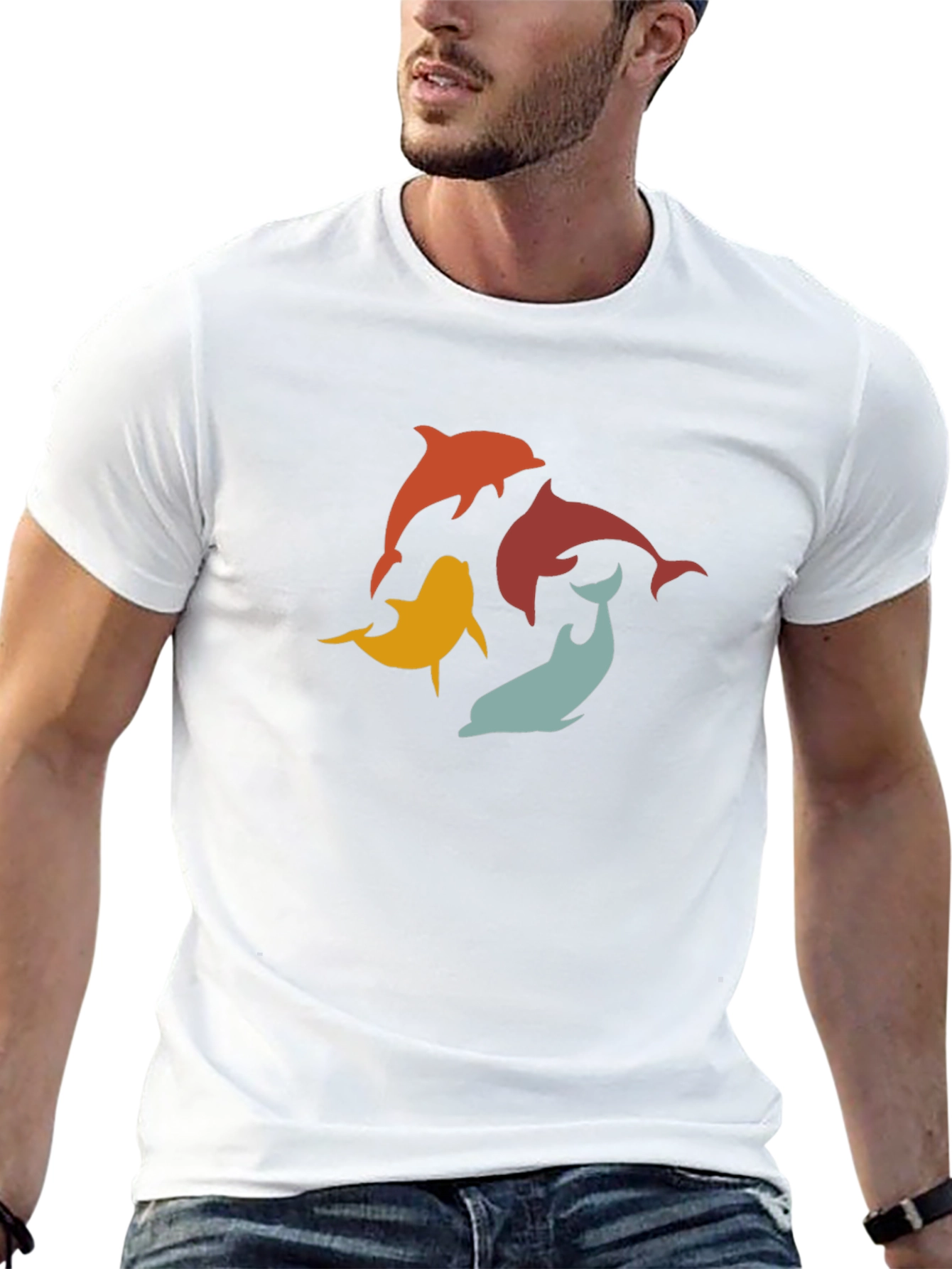 Retro Dolphin Graphic Tee - Black Cotton T-Shirt