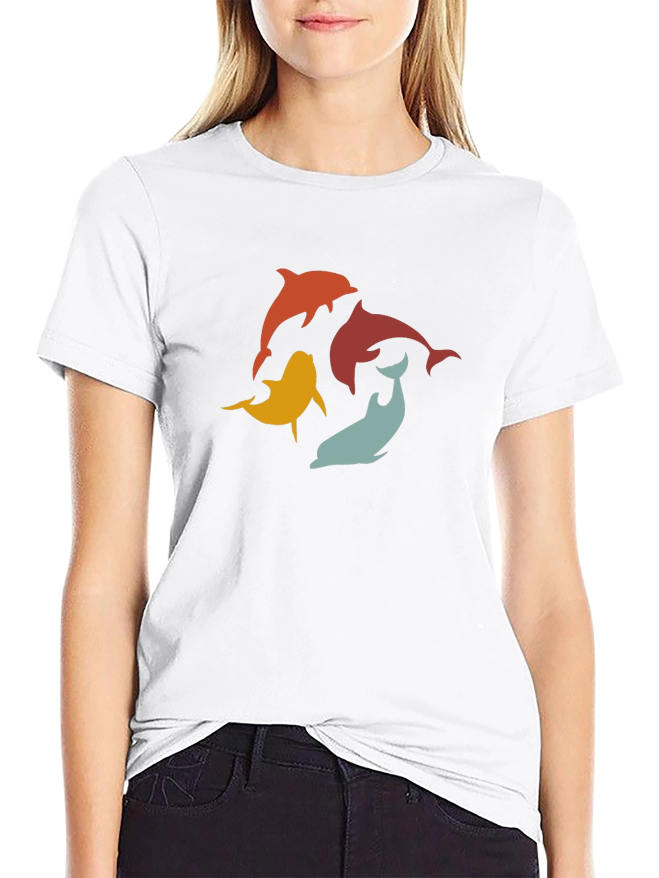 Retro Dolphin Graphic Tee - Black Cotton T-Shirt