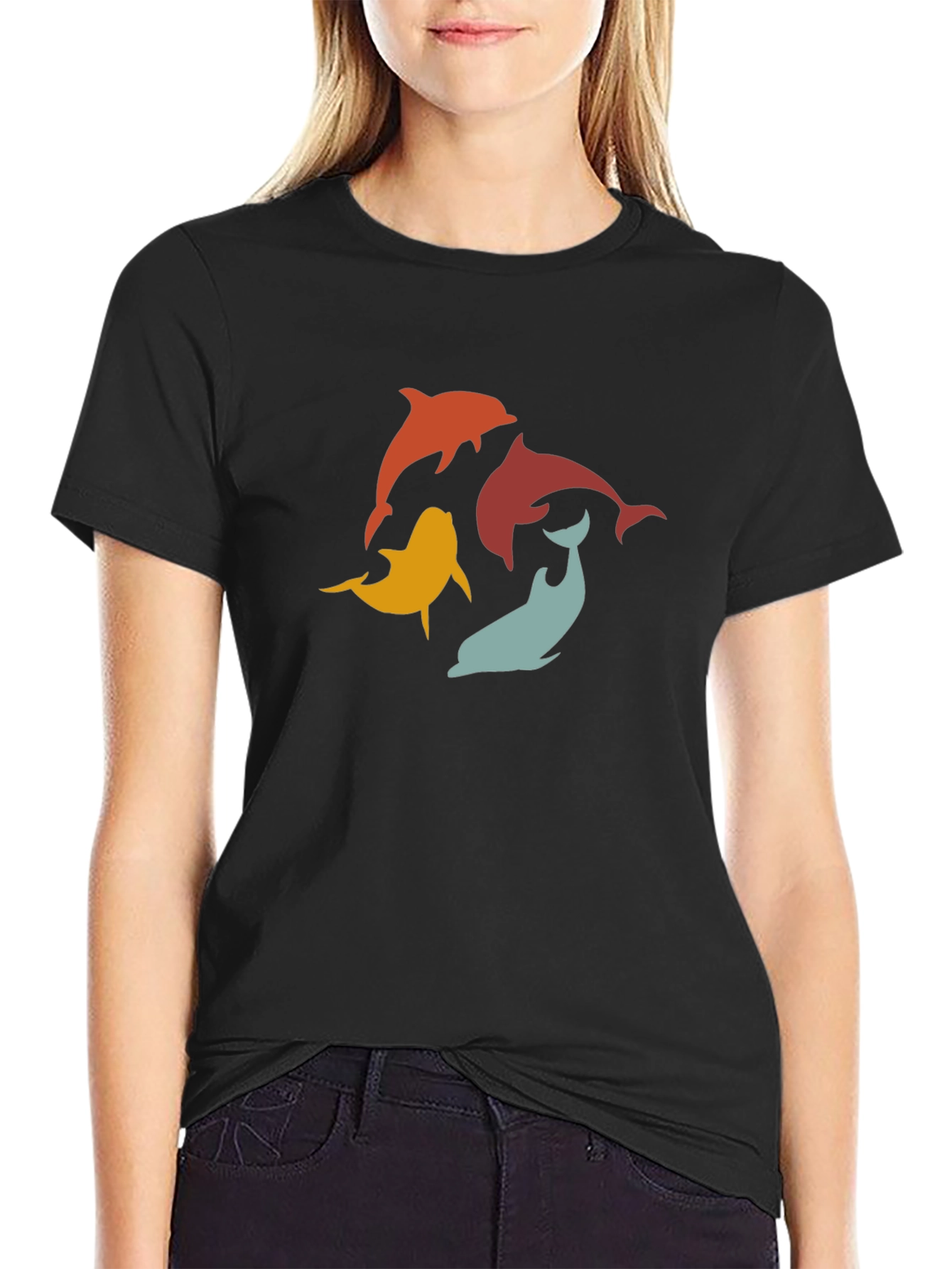 Retro Dolphin Graphic Tee - Black Cotton T-Shirt