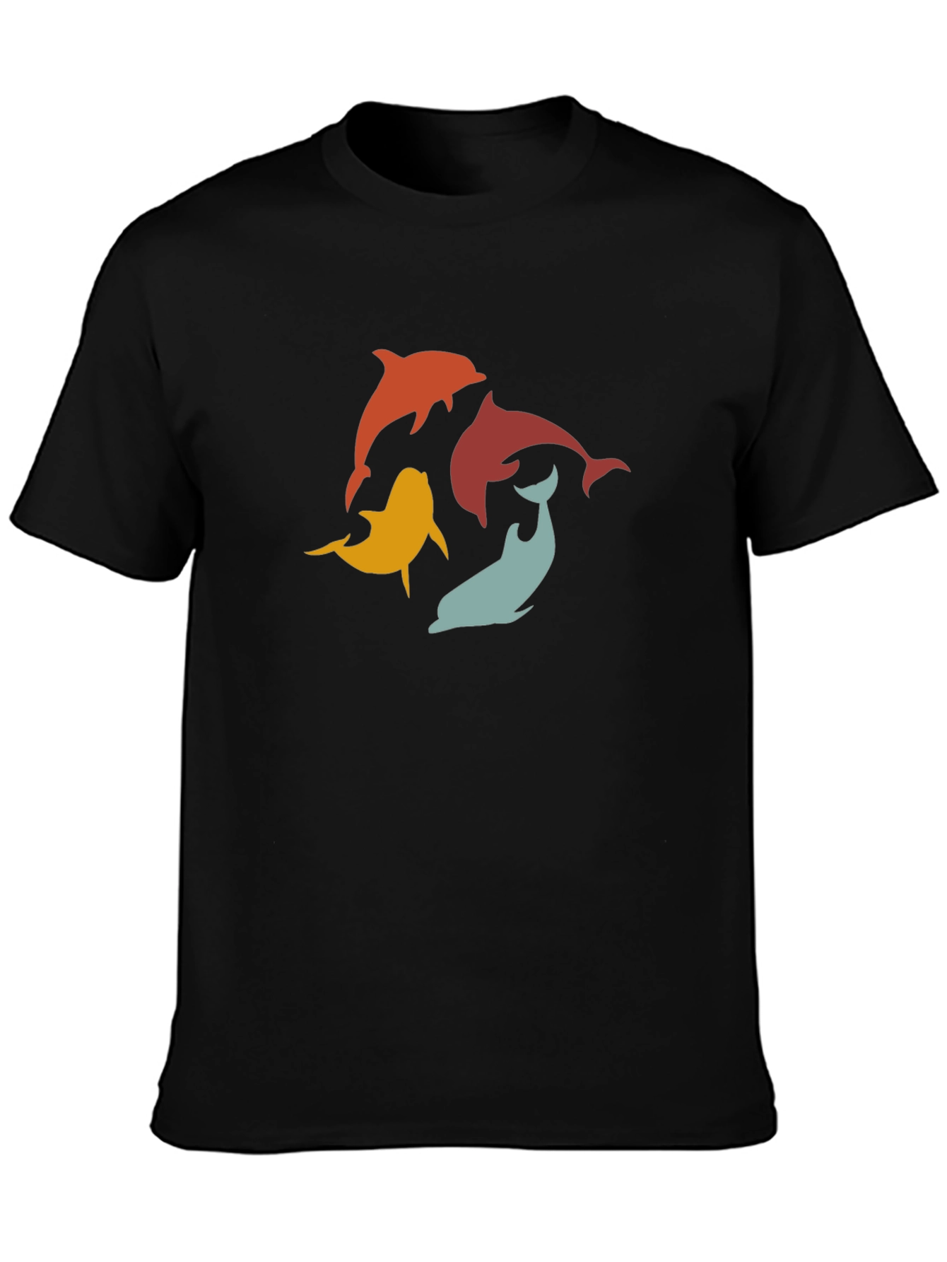 Retro Dolphin Graphic Tee - Black Cotton T-Shirt