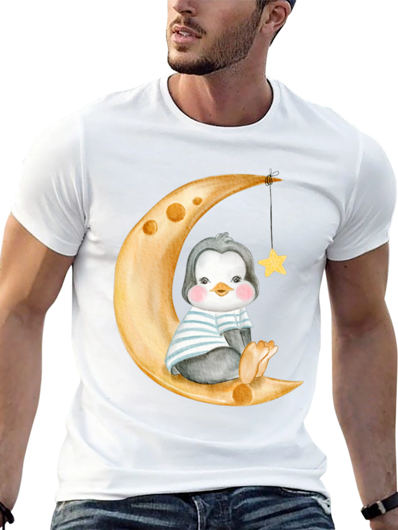 Cute Penguin On Moon Graphic Tee