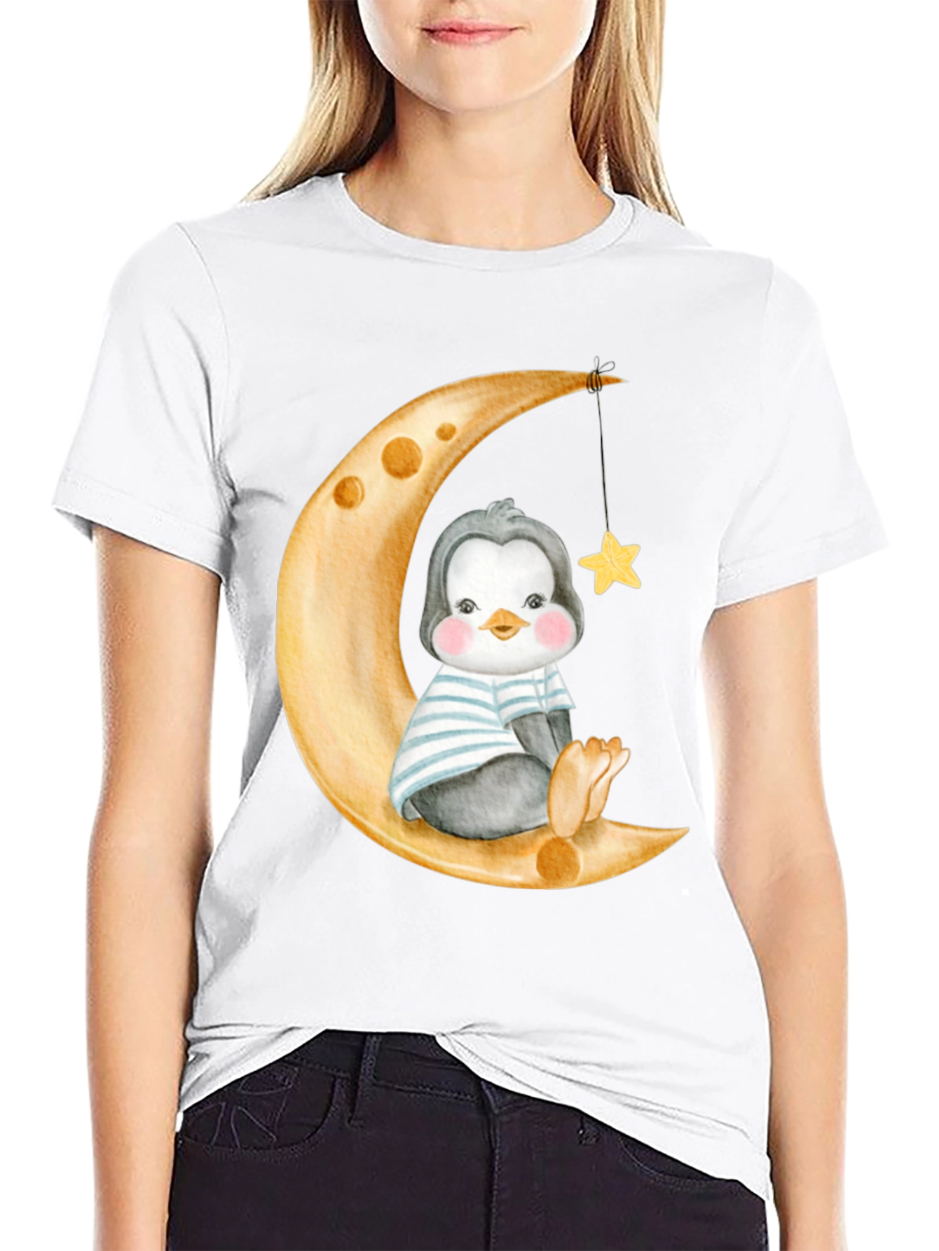 Cute Penguin On Moon Graphic Tee