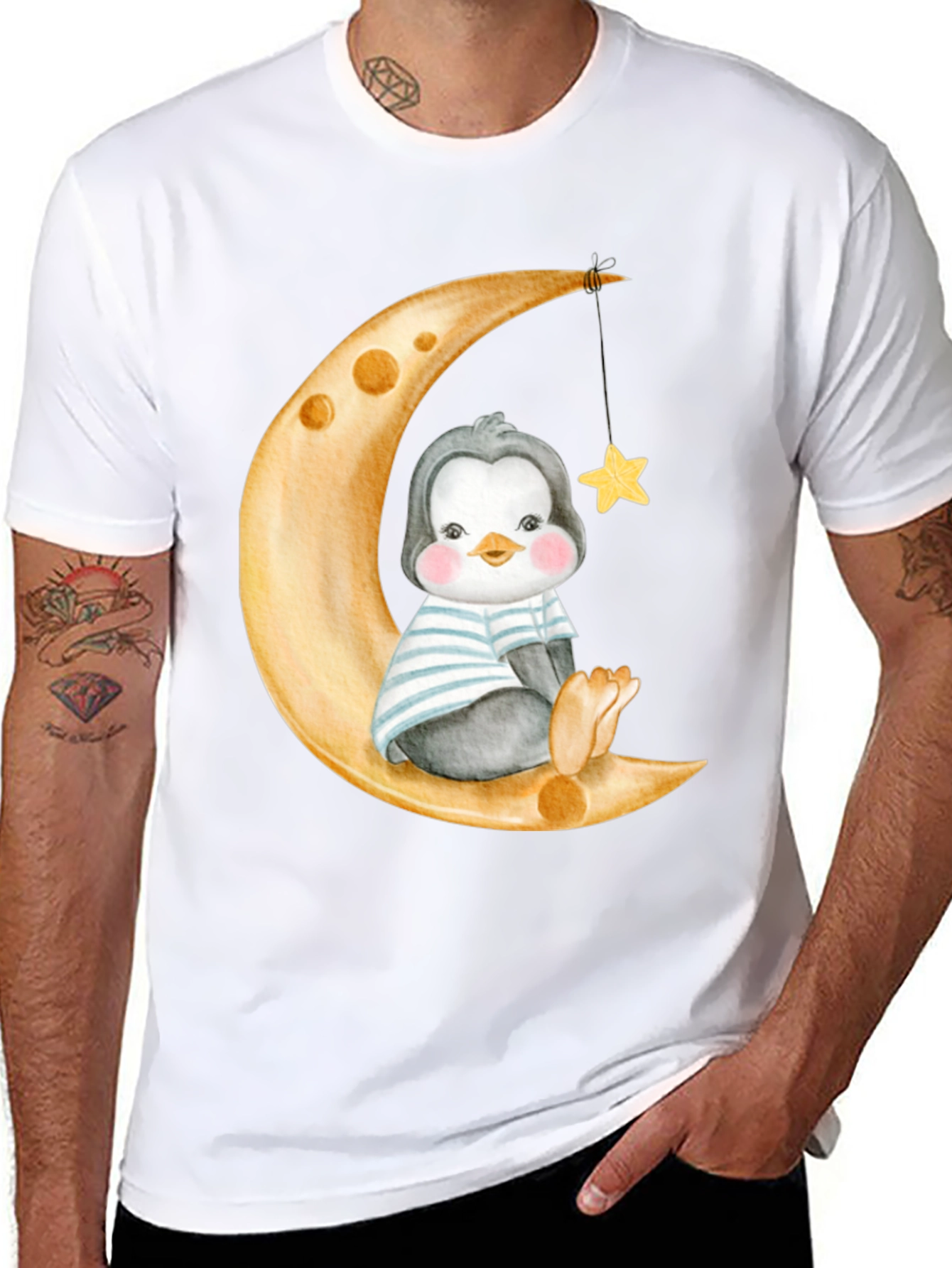 Cute Penguin On Moon Graphic Tee