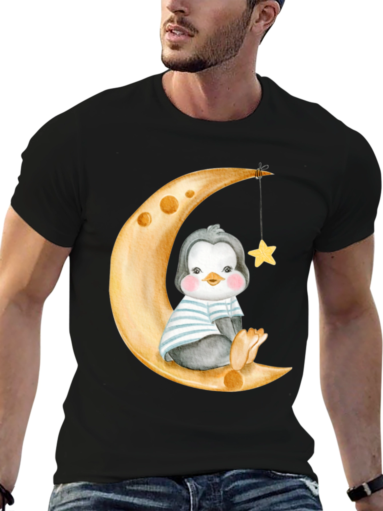 Cute Penguin On Moon Graphic Tee