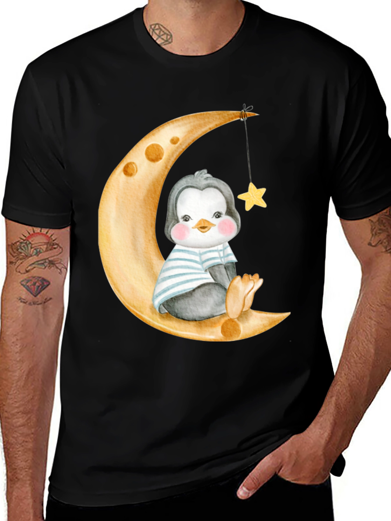Cute Penguin On Moon Graphic Tee