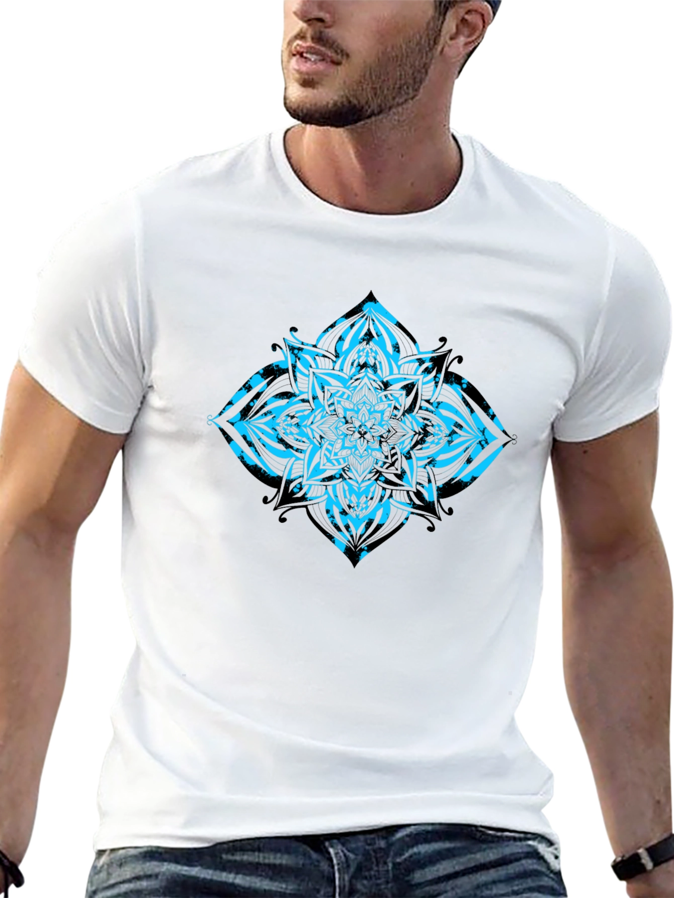 Mens Black T-Shirt with Turquoise Mandala