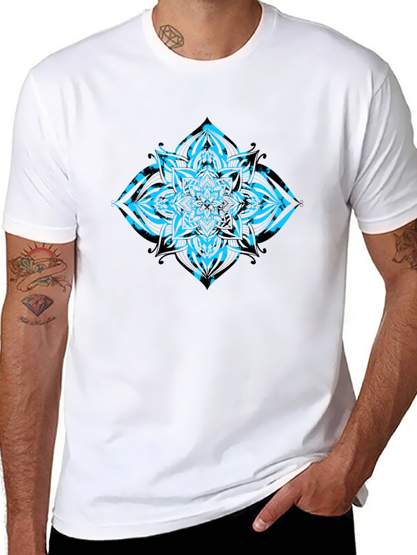 Mens Black T-Shirt with Turquoise Mandala
