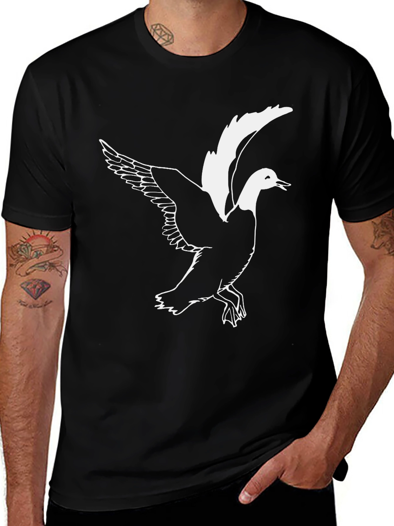Mens Black T-shirt with Flying Duck Graphic
