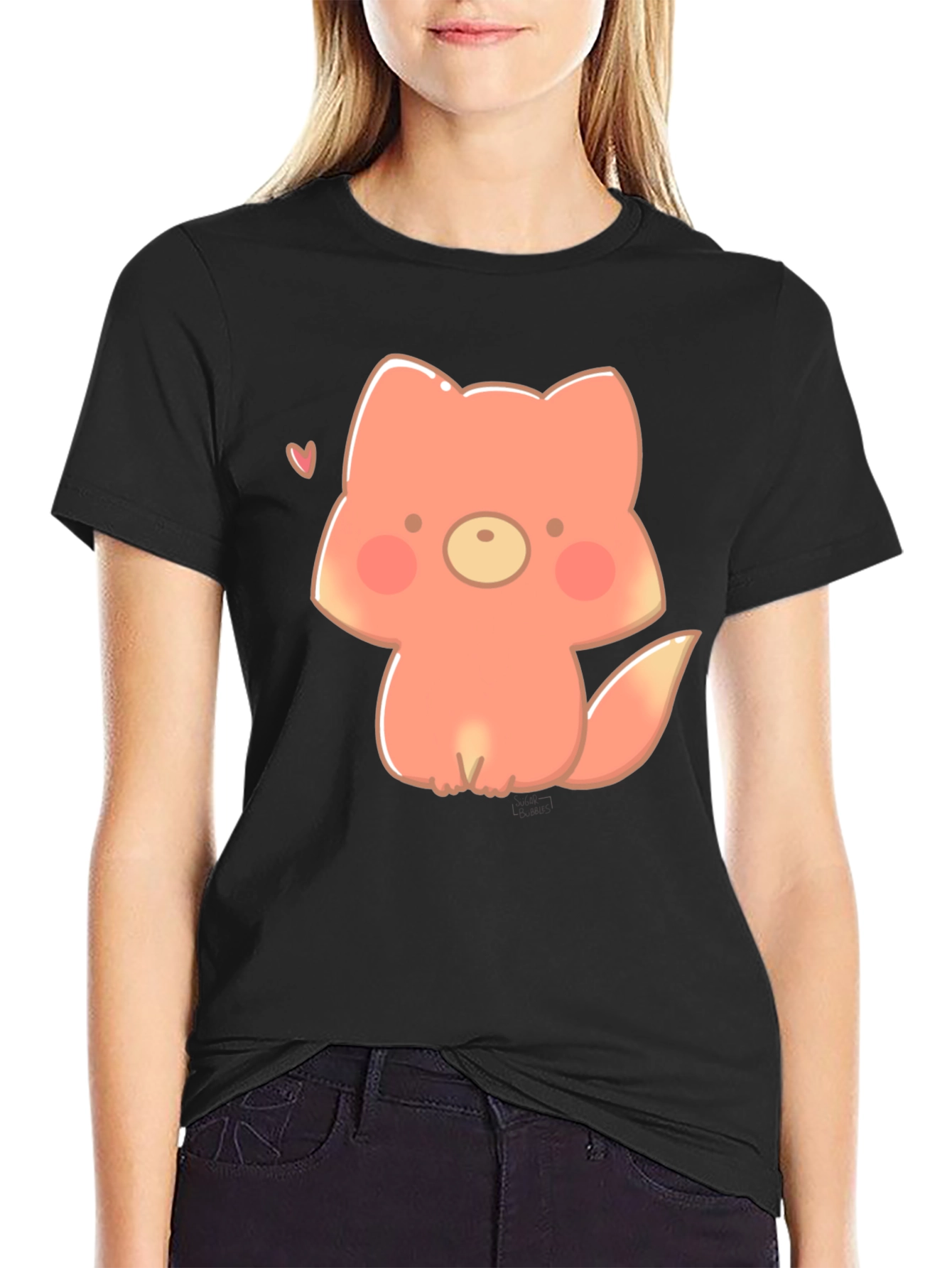 Cute Cartoon Fox Black T-Shirt