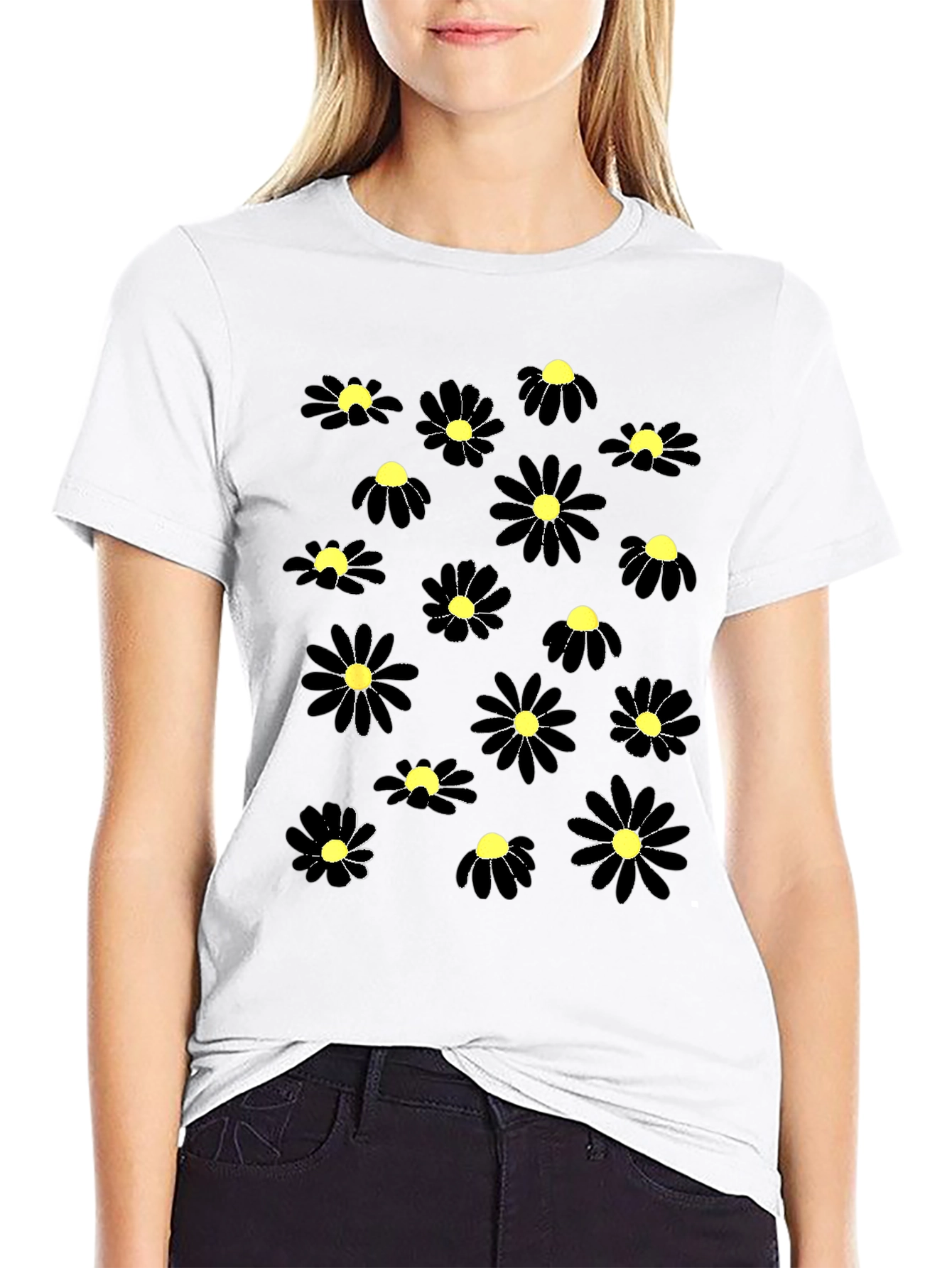 Black Floral Tee - Modern Daisy Pattern T-Shirt