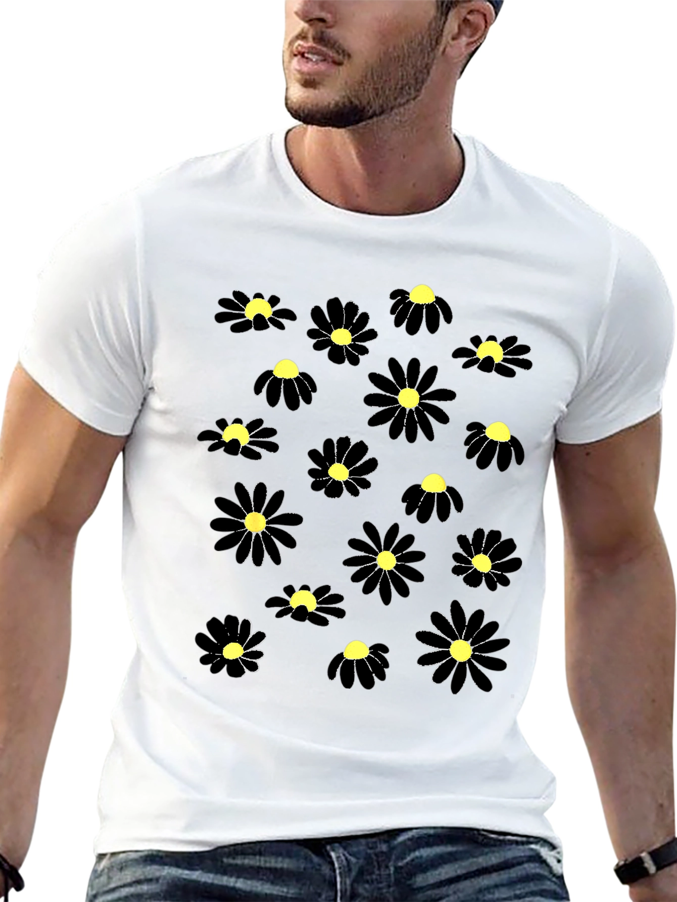 Black Floral Tee - Modern Daisy Pattern T-Shirt