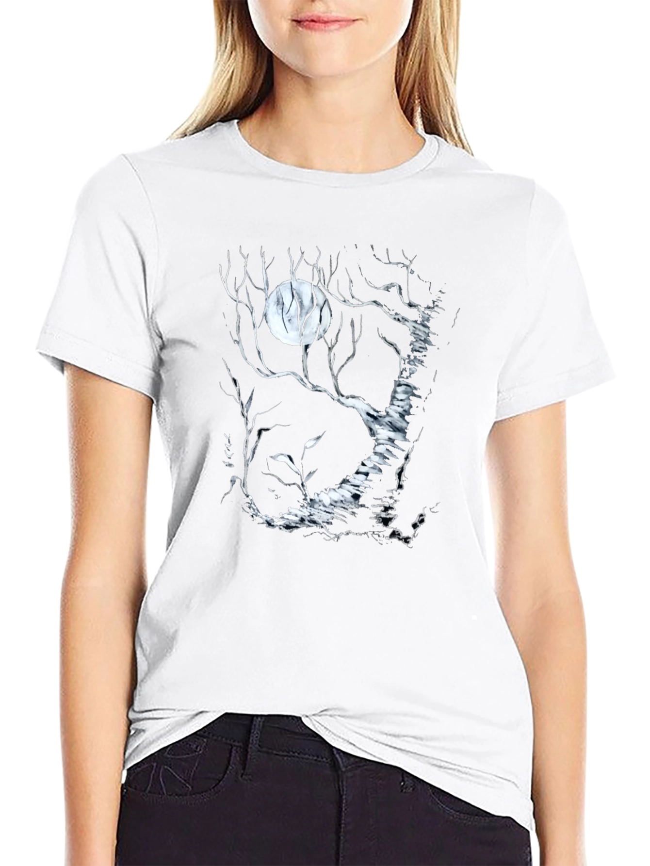 Moonlit Forest Graphic Tee - Black Cotton T-Shirt