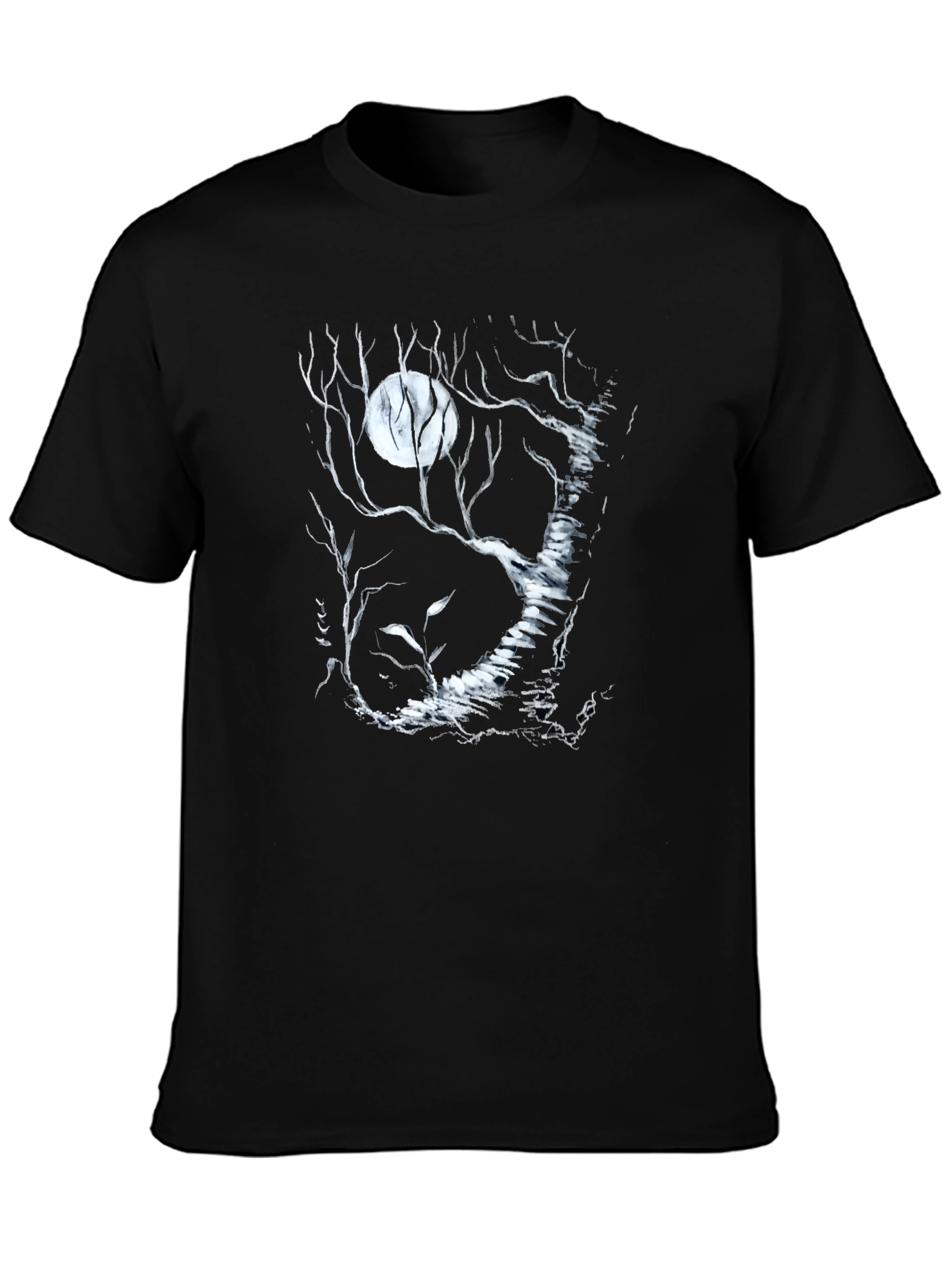 Moonlit Forest Graphic Tee - Black Cotton T-Shirt