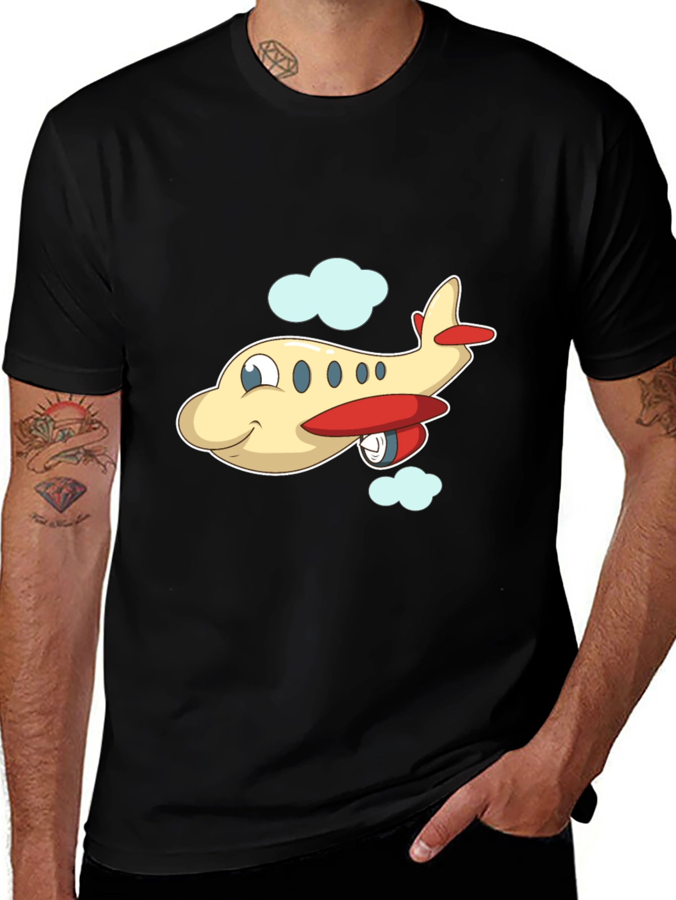 Cartoon Airplane Graphic Black T-Shirt