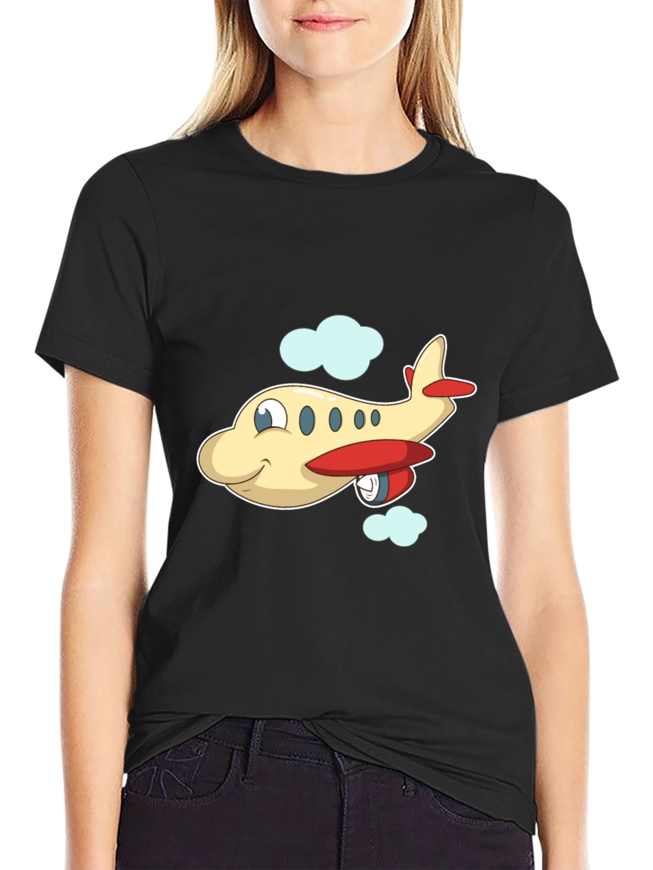 Cartoon Airplane Graphic Black T-Shirt