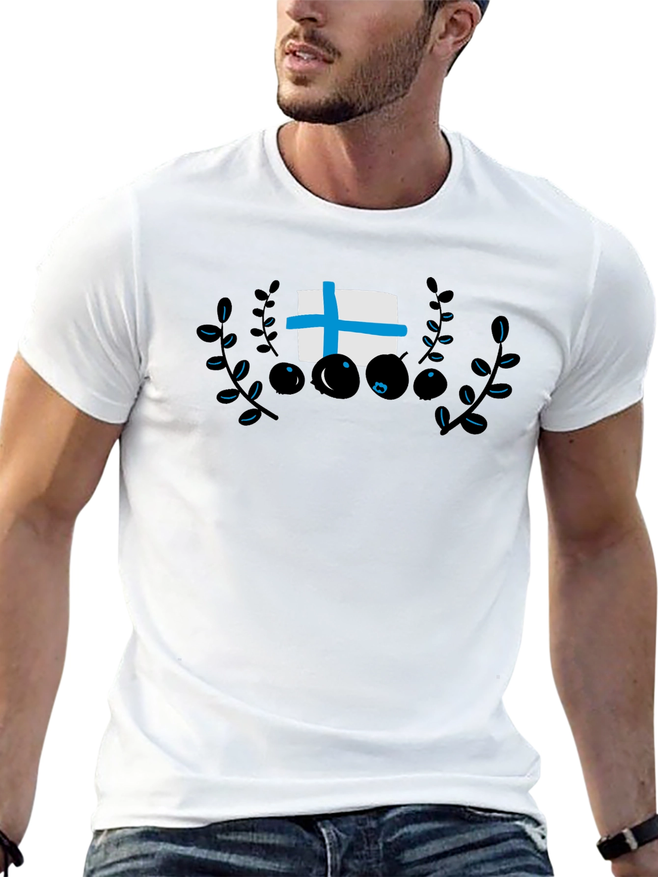 Finland Flag & Berry Design Black T-Shirt