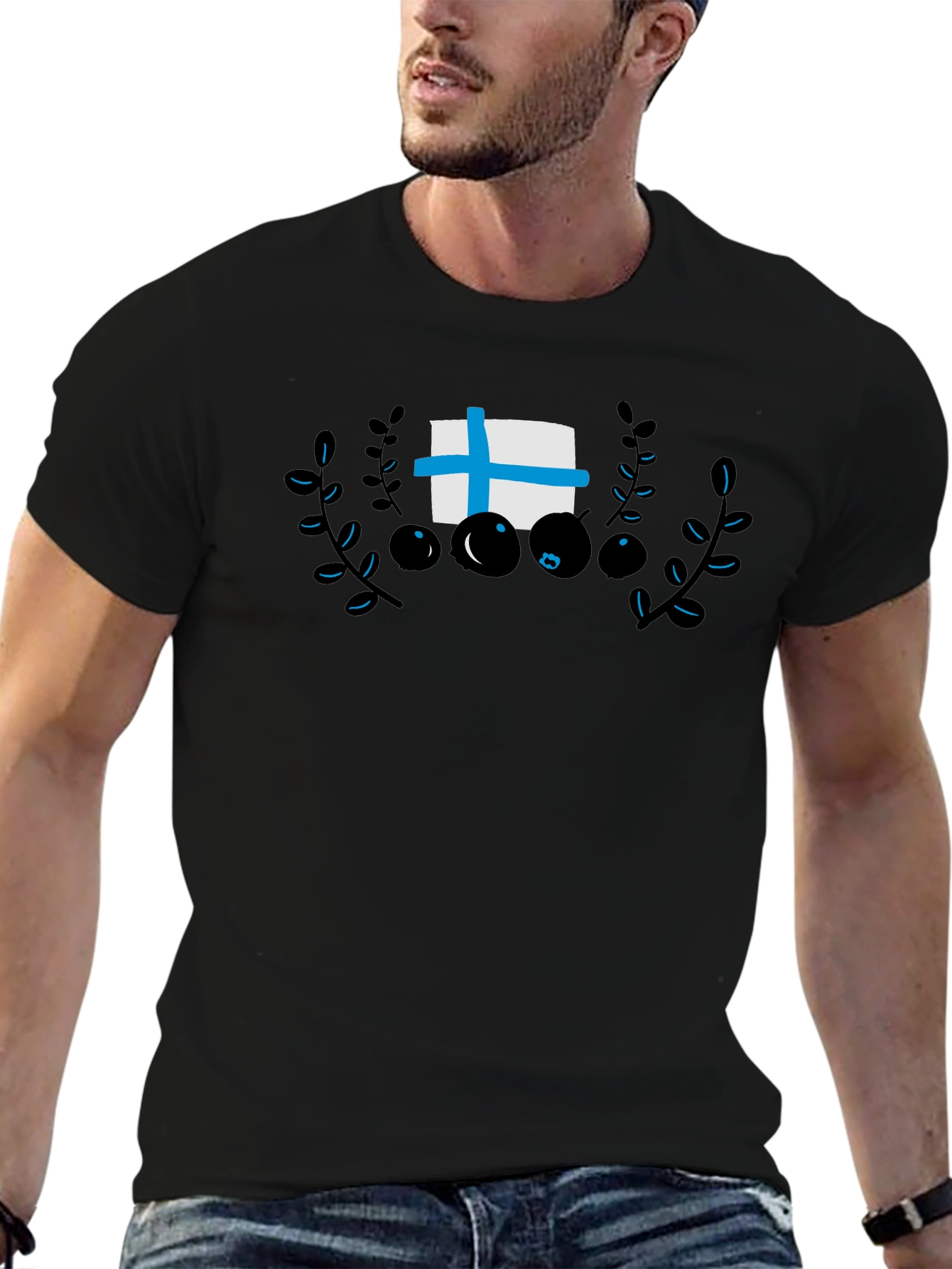 Finland Flag & Berry Design Black T-Shirt