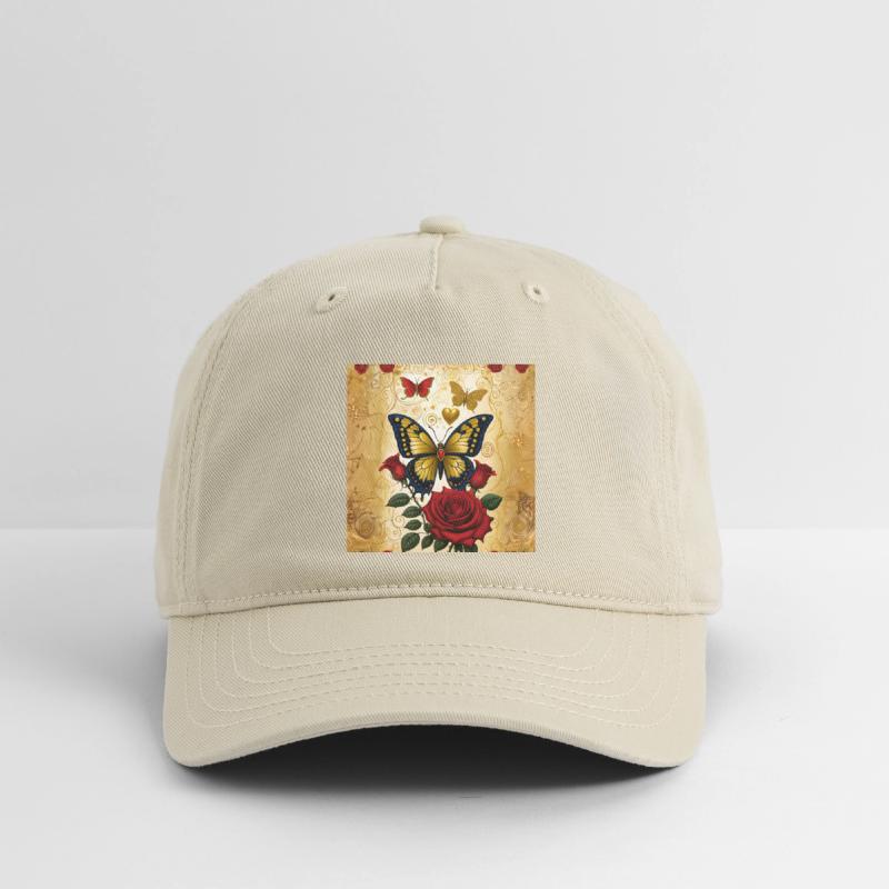 Elegant golden butterfly with blooming red roses