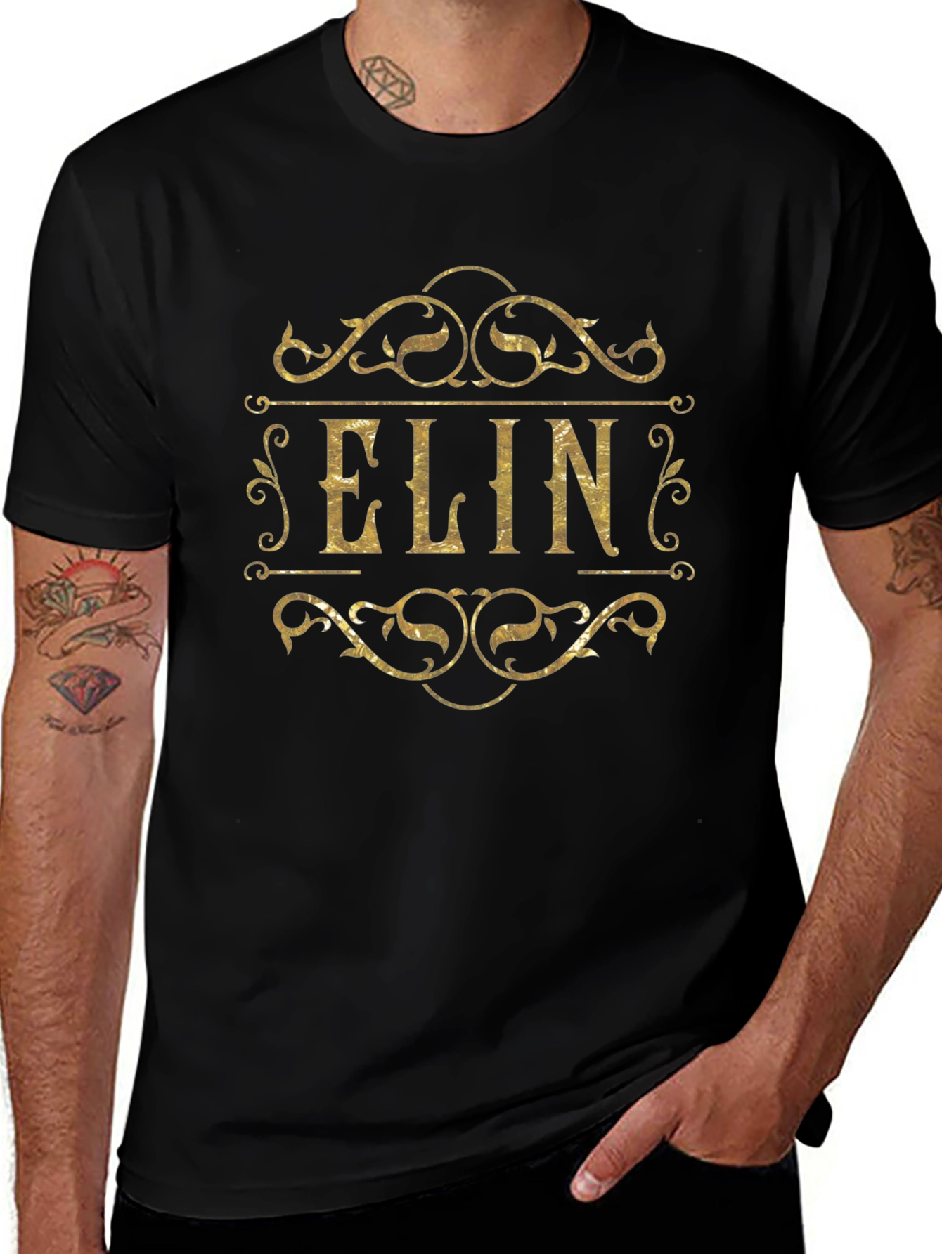 Custom ELIN Golden Script Black T-Shirt