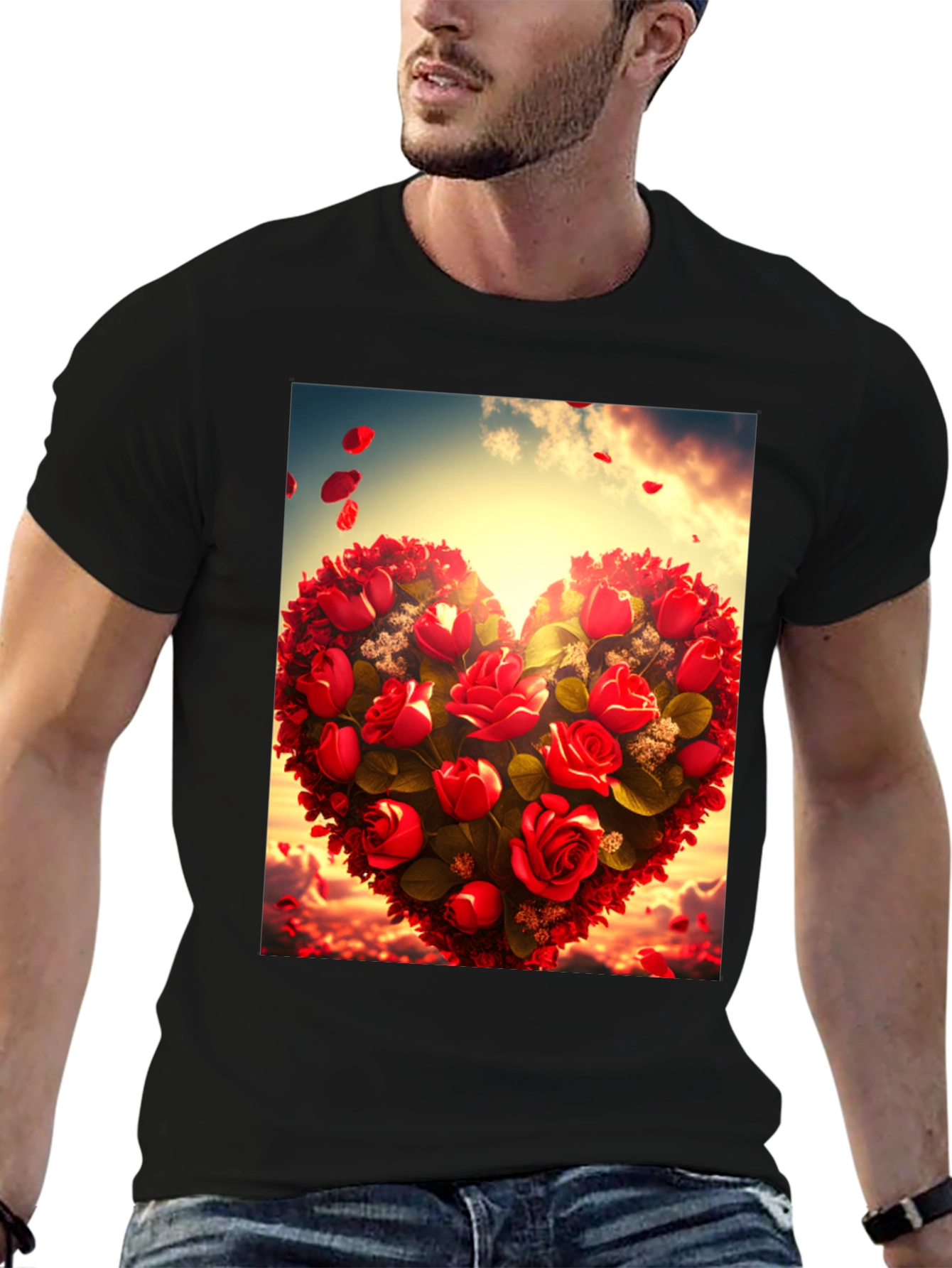 Romantic Rose Heart Graphic Tee - Black