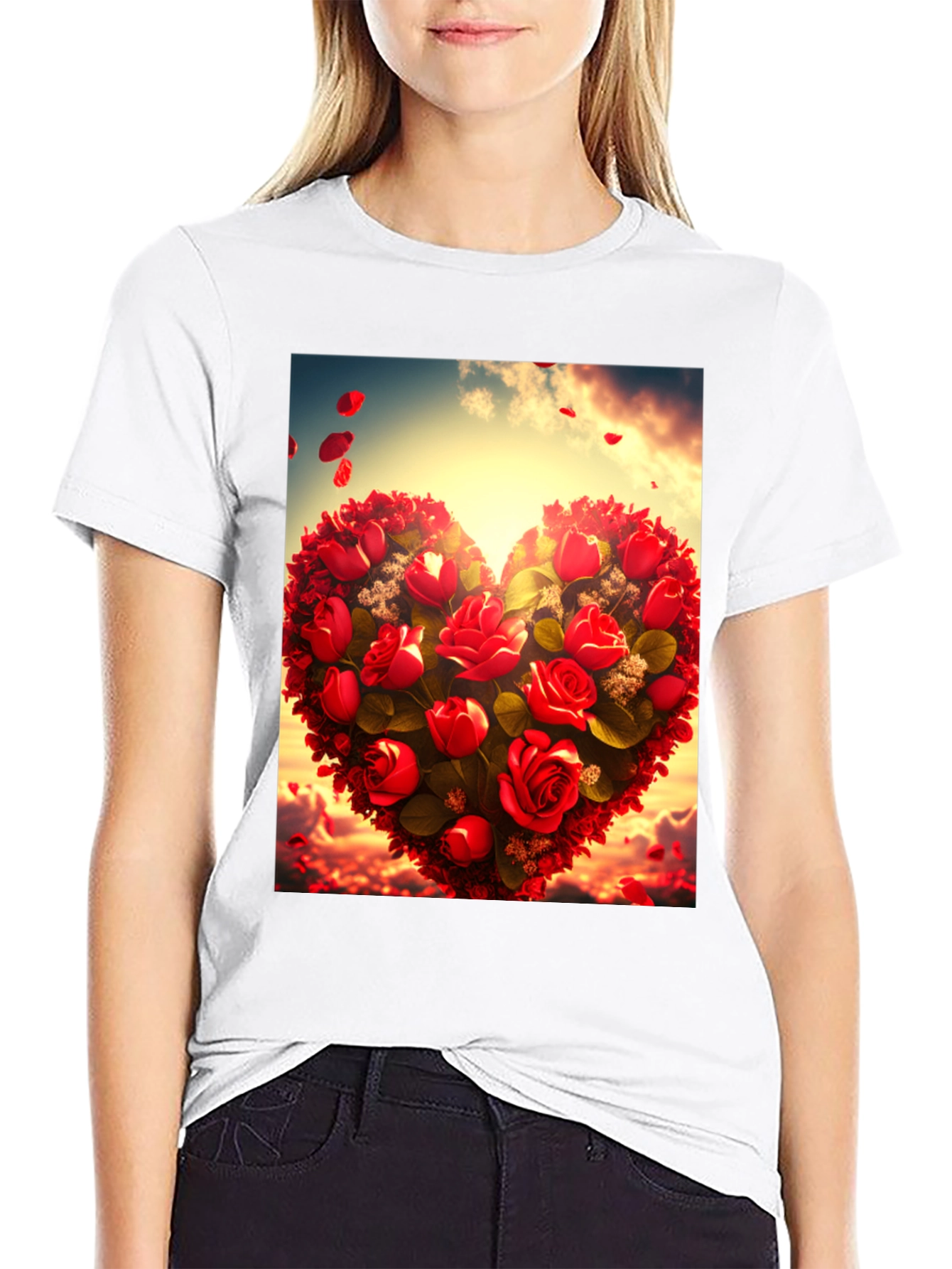 Romantic Rose Heart Graphic Tee - Black