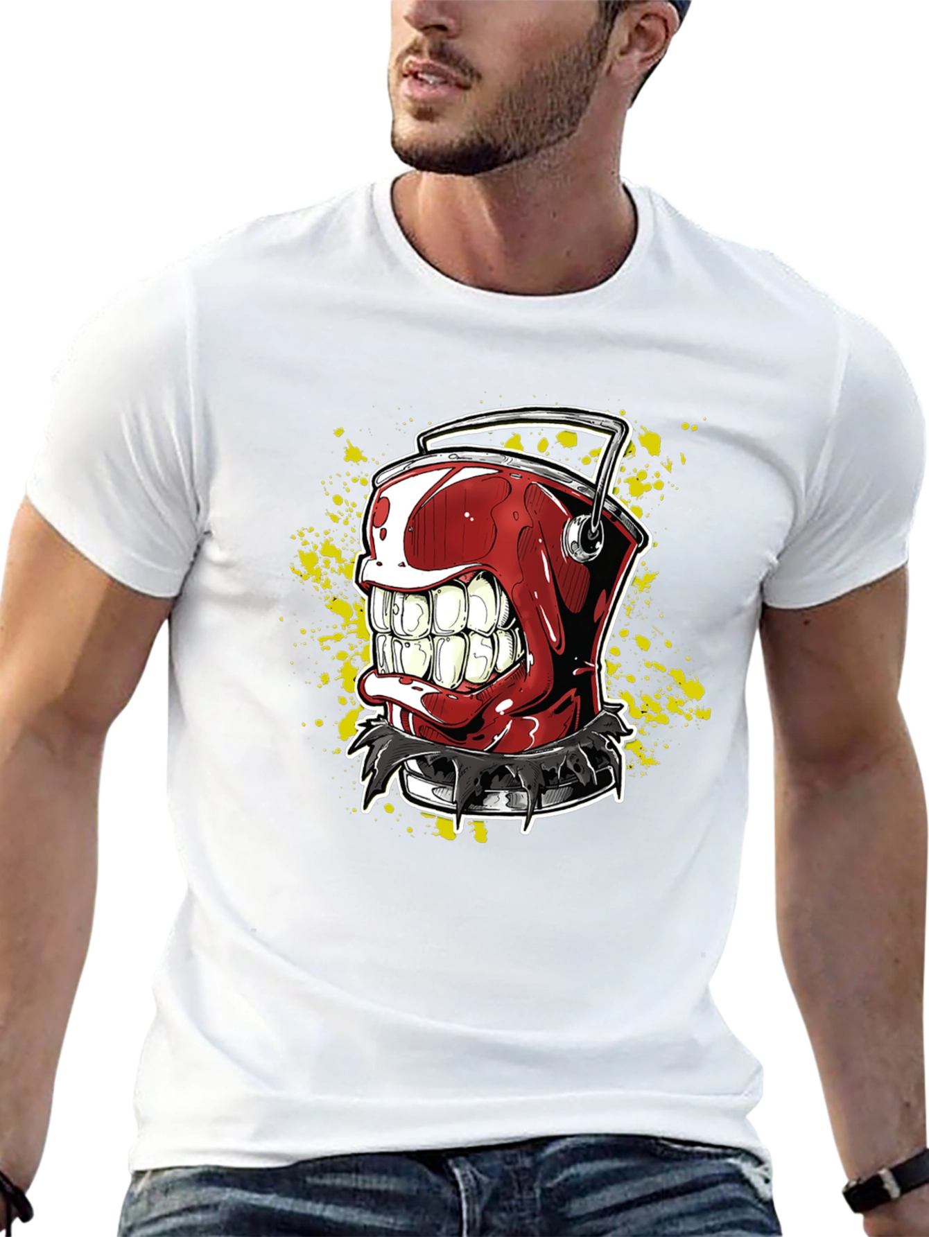 Mens Black T-Shirt with Red Grinning Paint Bucket Graphic