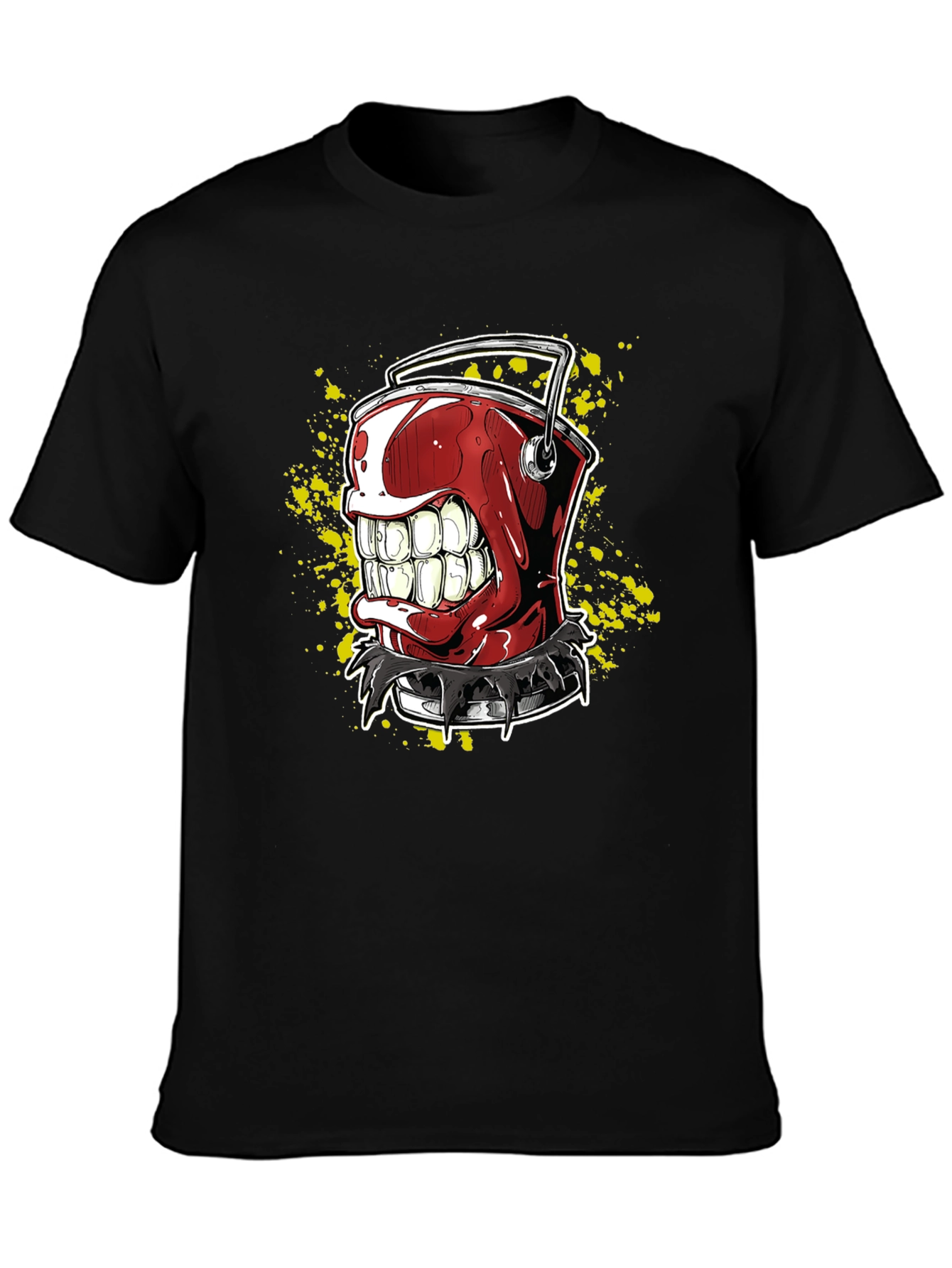 Mens Black T-Shirt with Red Grinning Paint Bucket Graphic