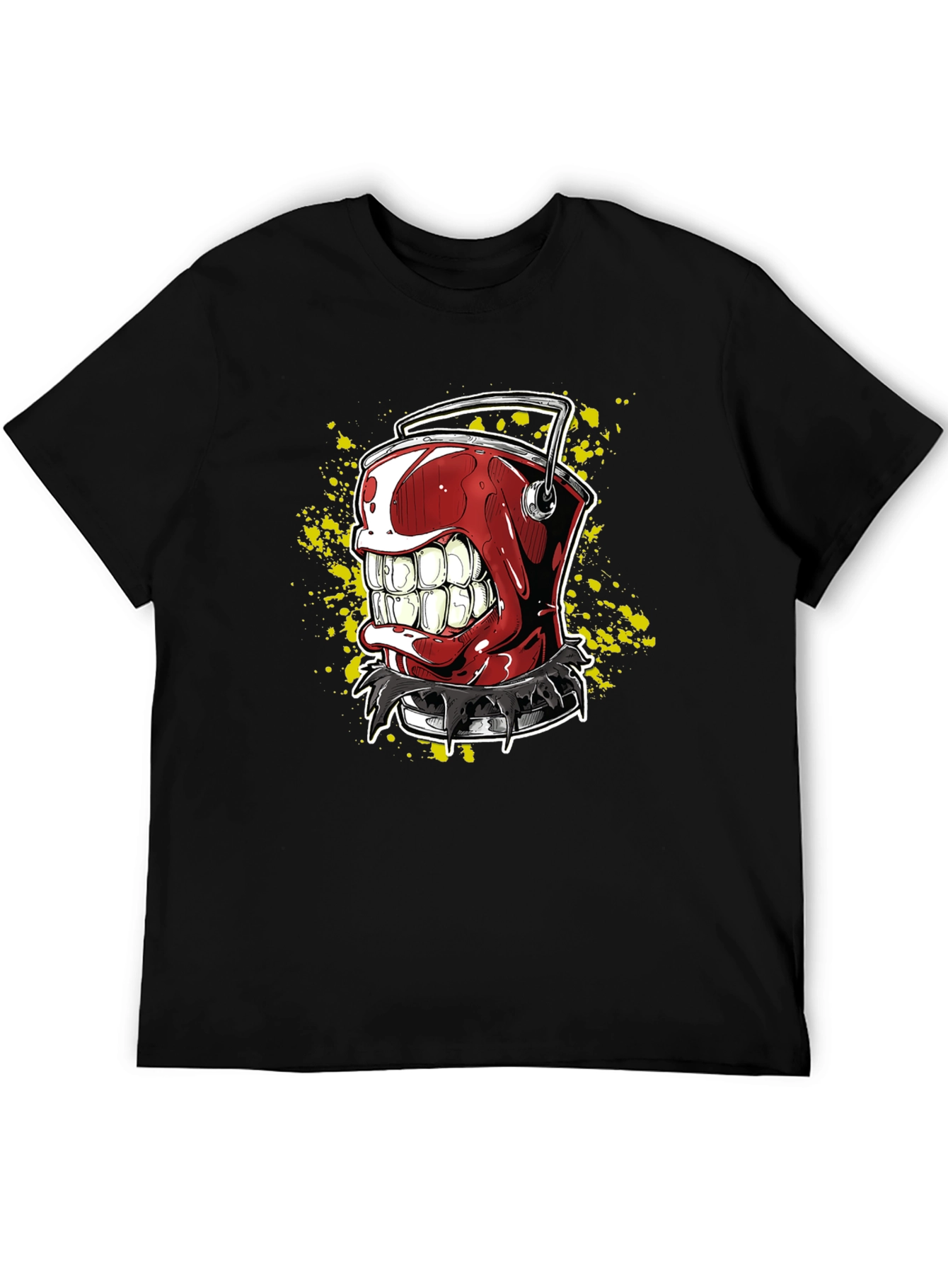 Mens Black T-Shirt with Red Grinning Paint Bucket Graphic