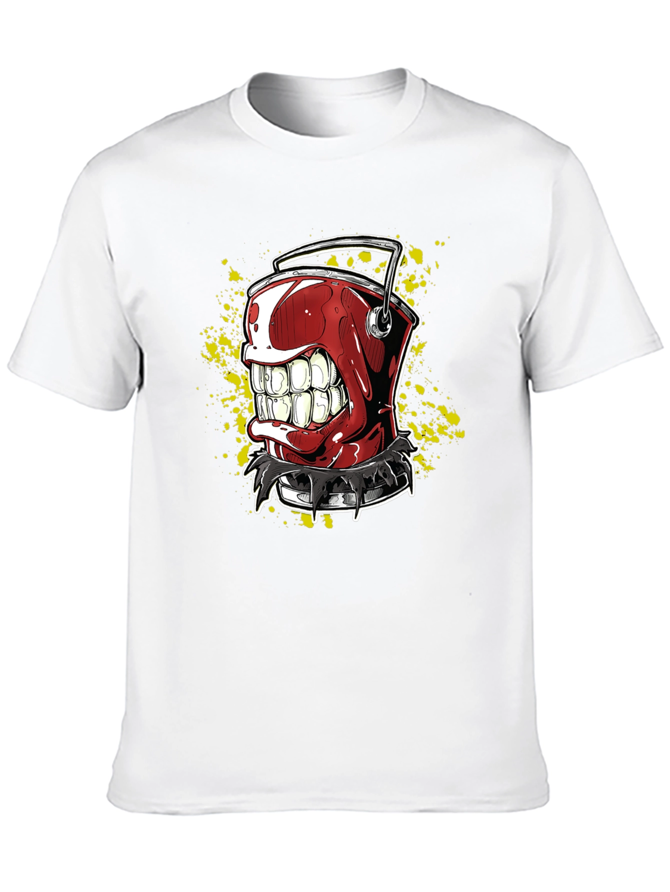 Mens Black T-Shirt with Red Grinning Paint Bucket Graphic