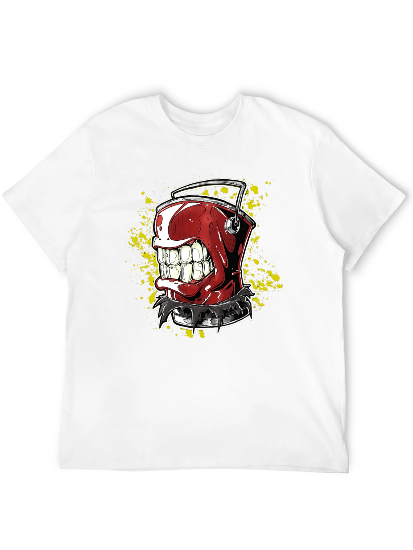 Mens Black T-Shirt with Red Grinning Paint Bucket Graphic