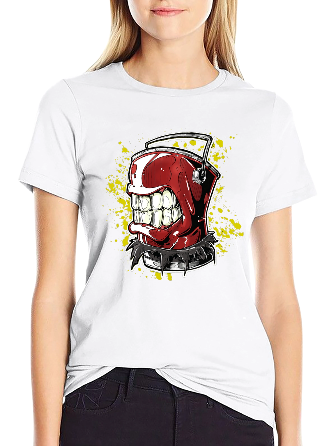 Mens Black T-Shirt with Red Grinning Paint Bucket Graphic