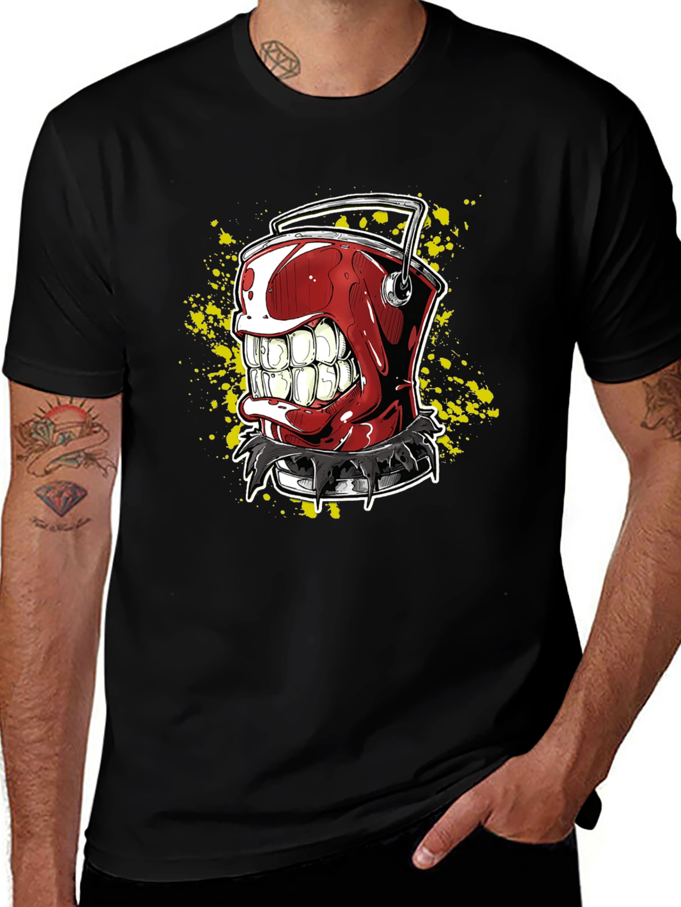 Mens Black T-Shirt with Red Grinning Paint Bucket Graphic