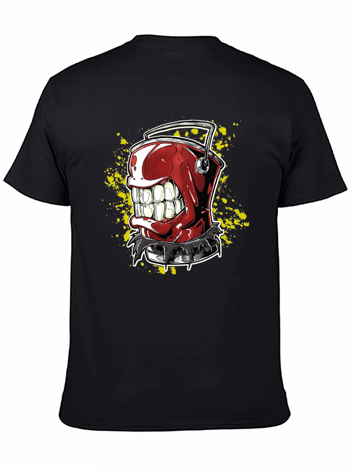 Mens Black T-Shirt with Red Grinning Paint Bucket Graphic