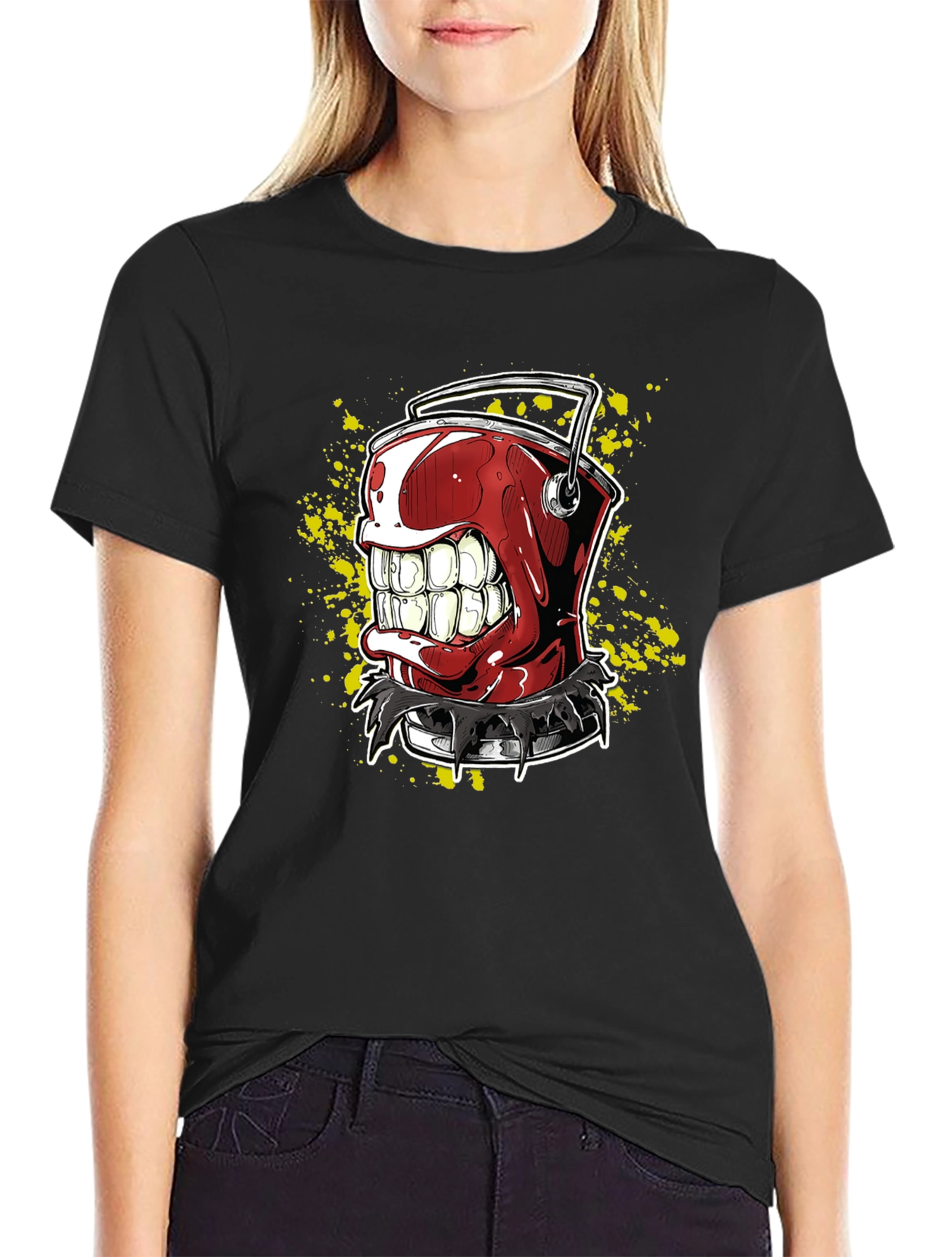 Mens Black T-Shirt with Red Grinning Paint Bucket Graphic