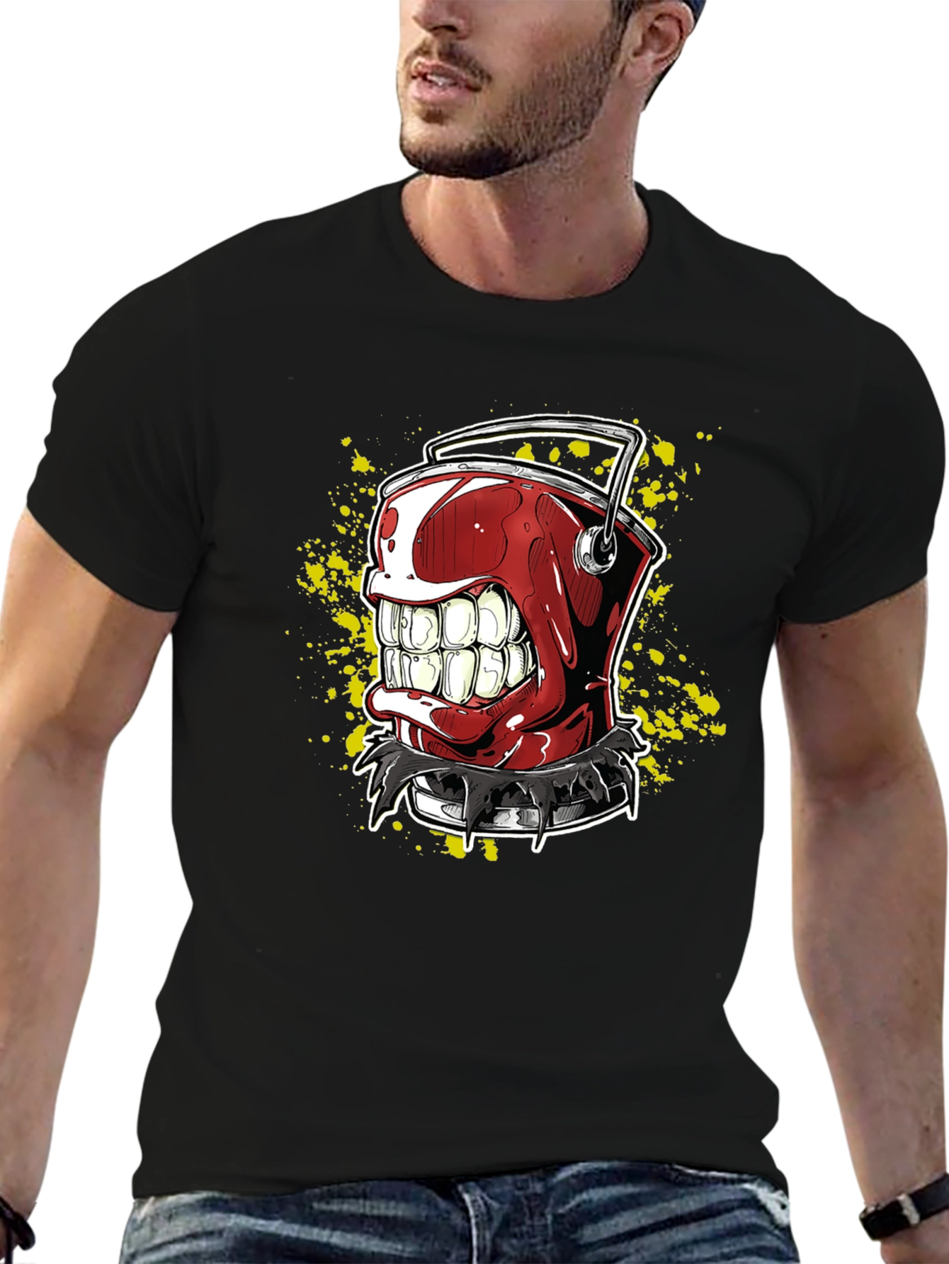 Mens Black T-Shirt with Red Grinning Paint Bucket Graphic