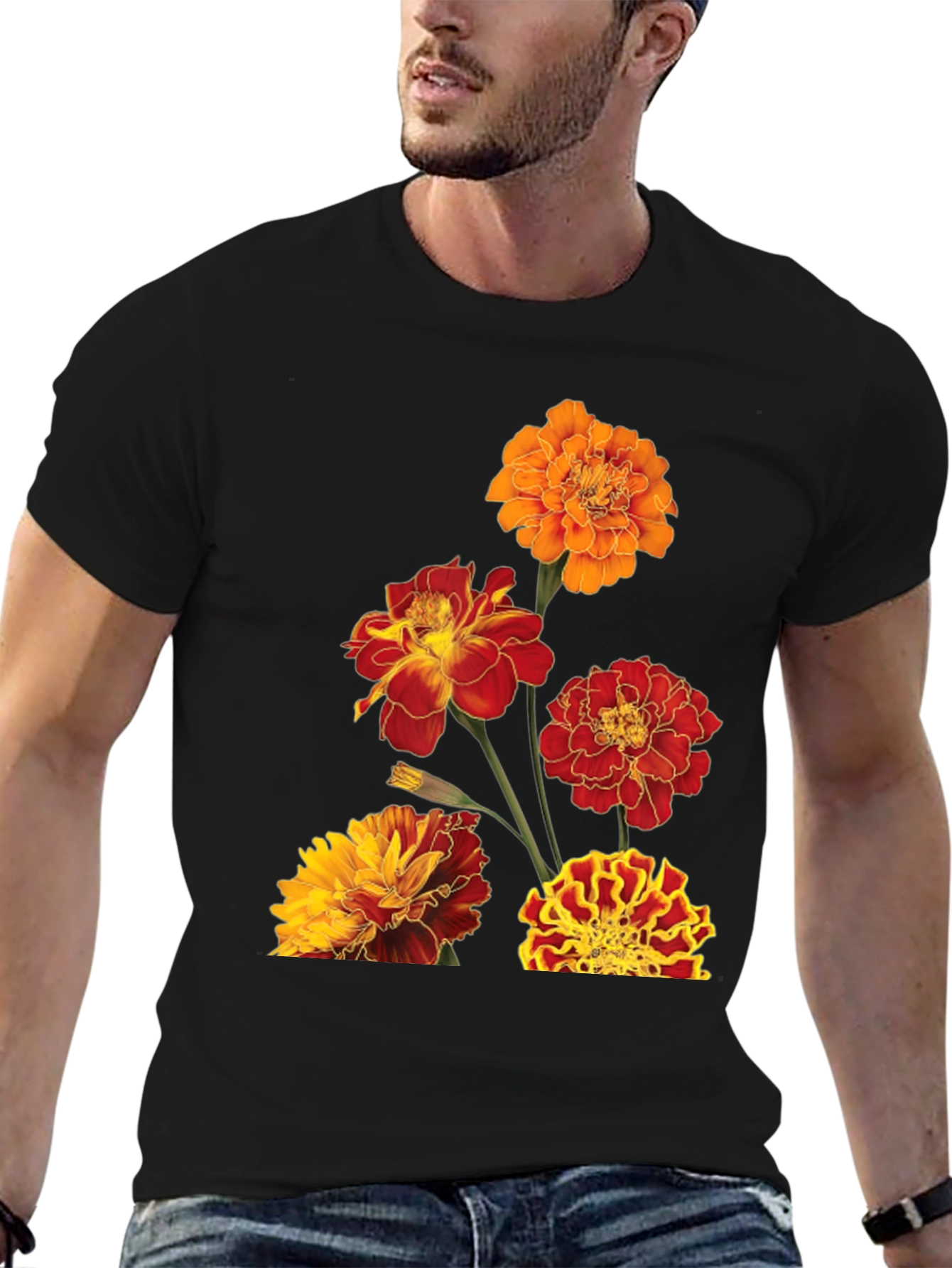 Floral Print Tee - Vibrant Marigold Design