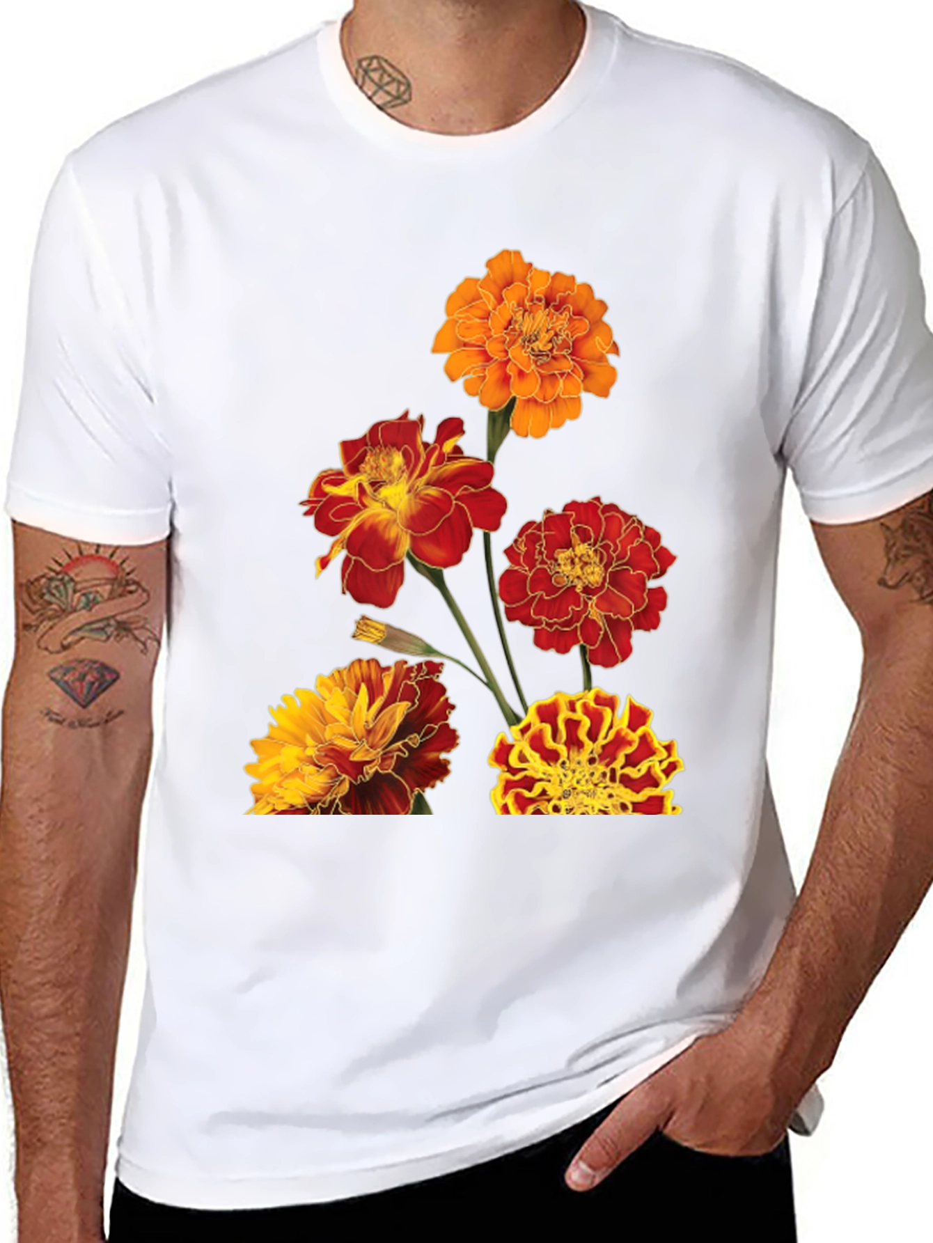 Floral Print Tee - Vibrant Marigold Design