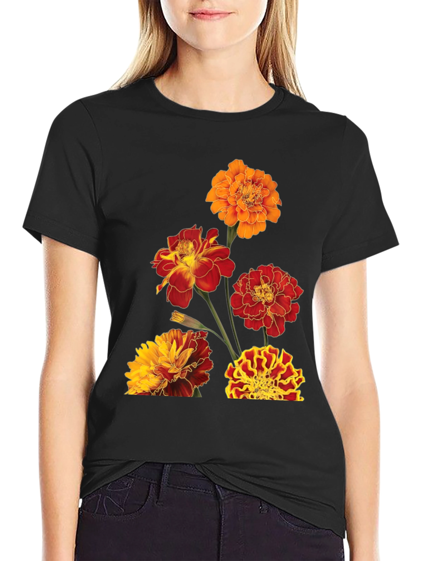 Floral Print Tee - Vibrant Marigold Design