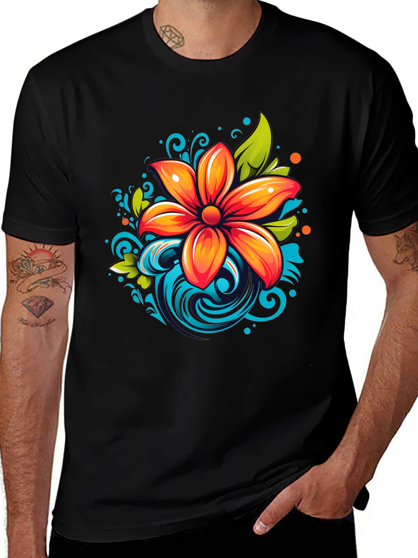 Vibrant Flower Graphic Black T-Shirt