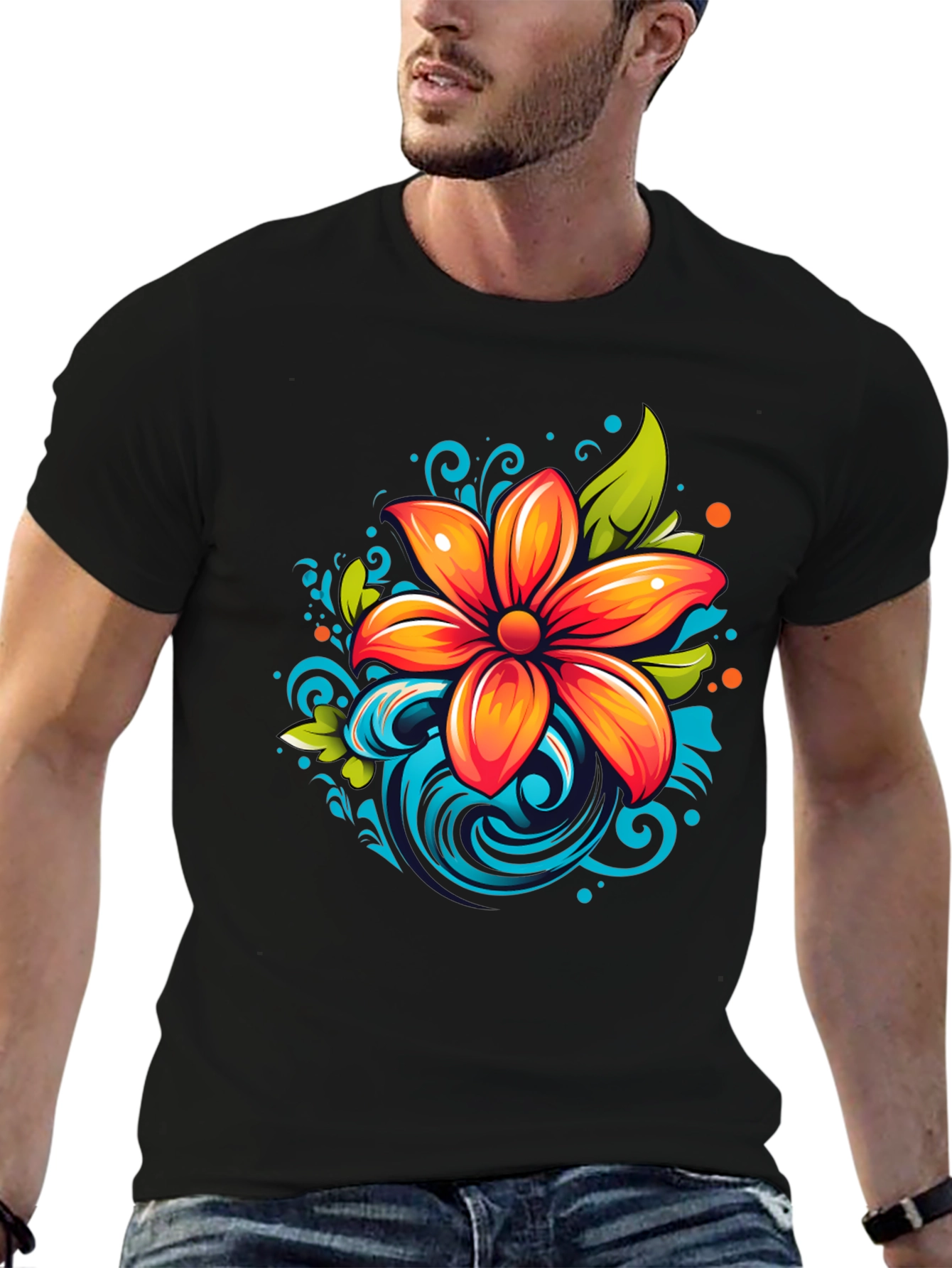 Vibrant Flower Graphic Black T-Shirt
