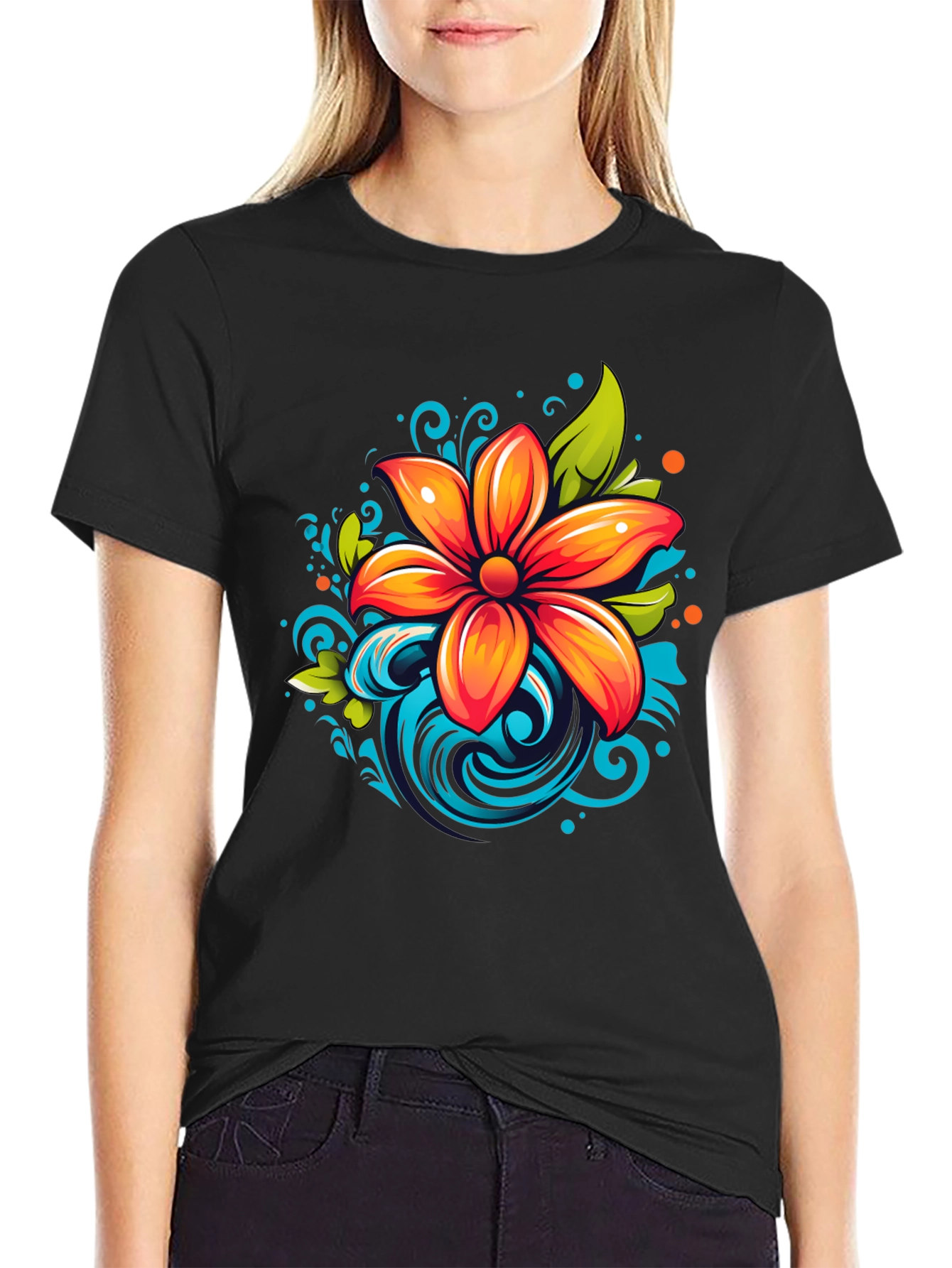 Vibrant Flower Graphic Black T-Shirt