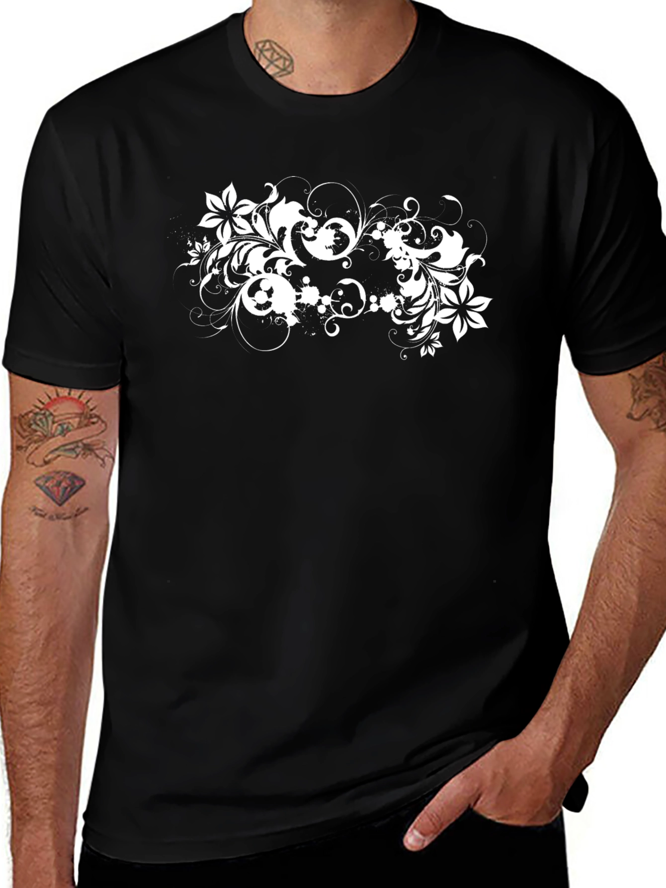 Stylish Black Tee with Floral Design