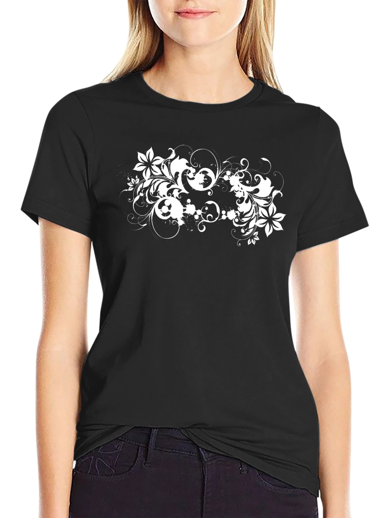 Stylish Black Tee with Floral Design
