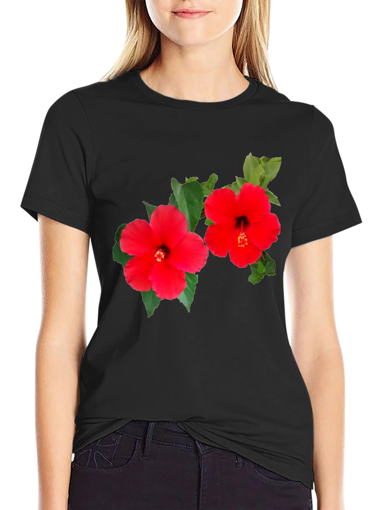 Black Hibiscus Flower Graphic T-Shirt